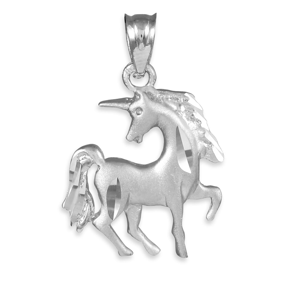 Satin Finish Diamond Cut White Gold Unicorn Charm Pendant Necklace, view 2