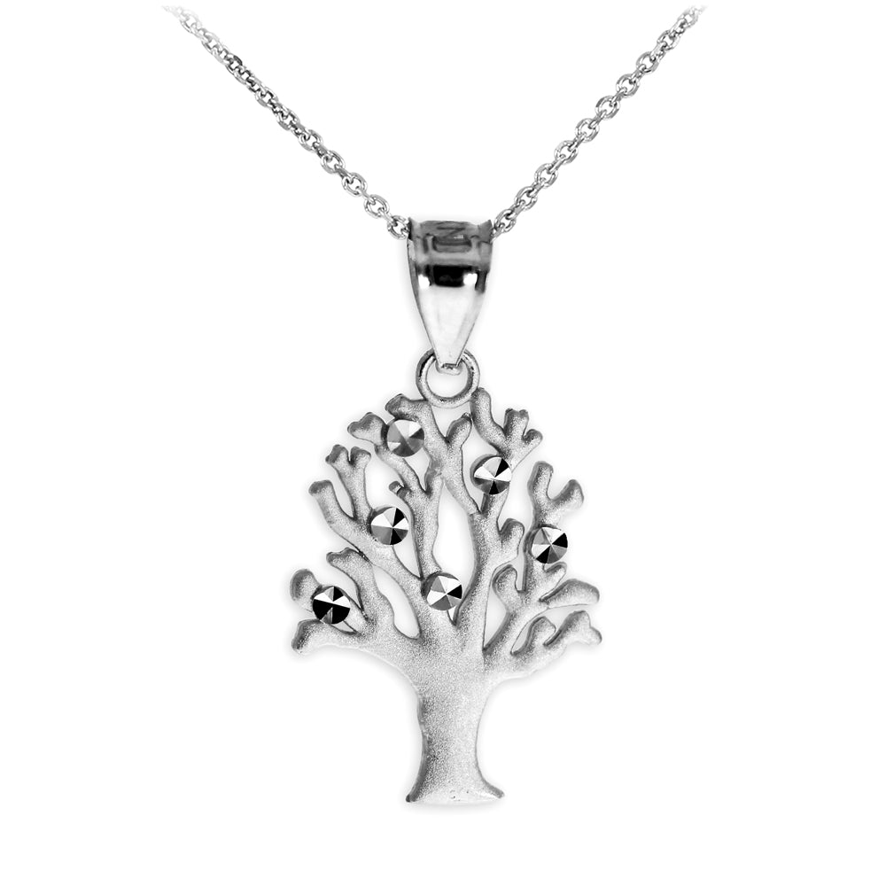 Satin Finish White Gold Tree Of Life Charm Pendant Necklace