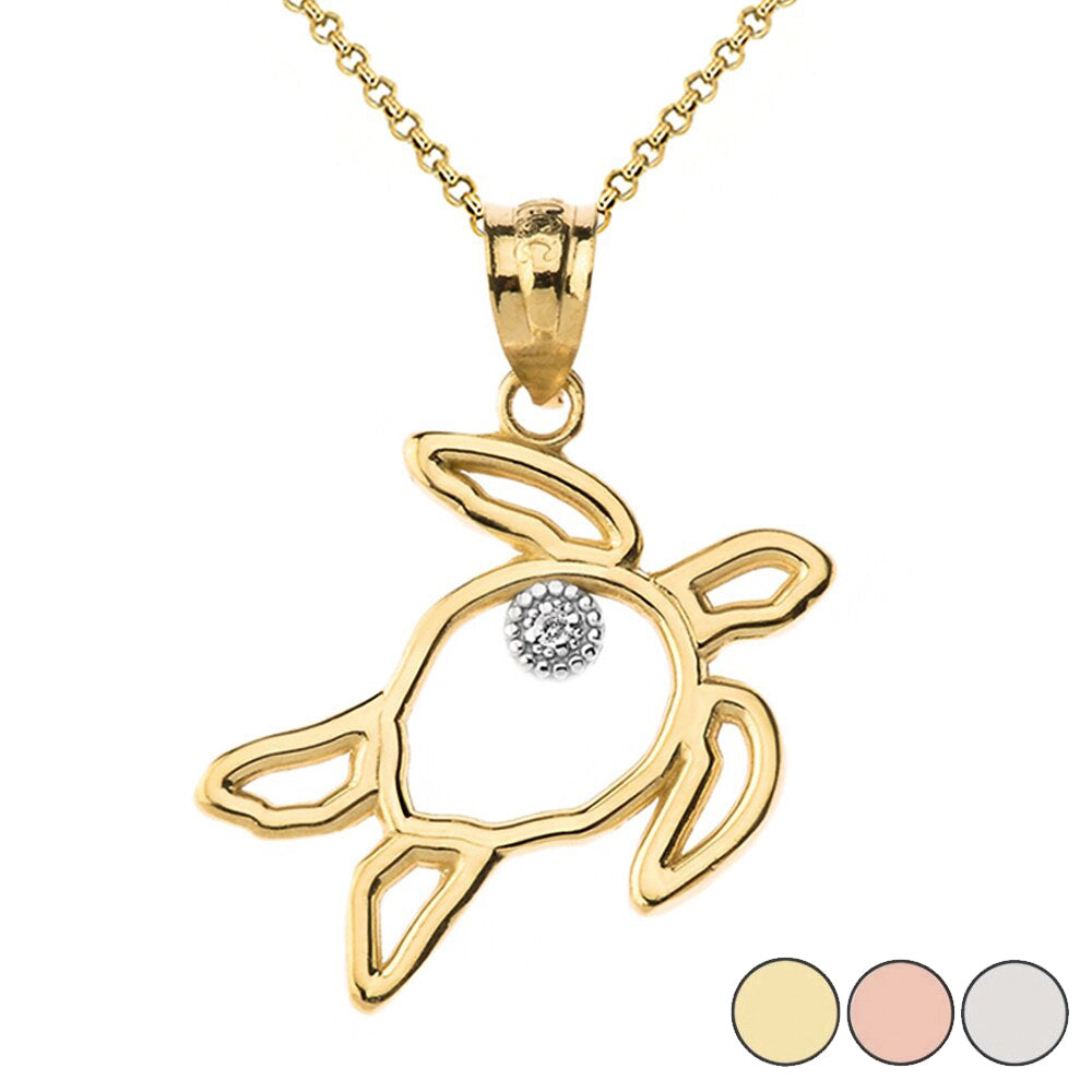 Sea Turtle Outline Solitaire Pendant Necklace in Gold