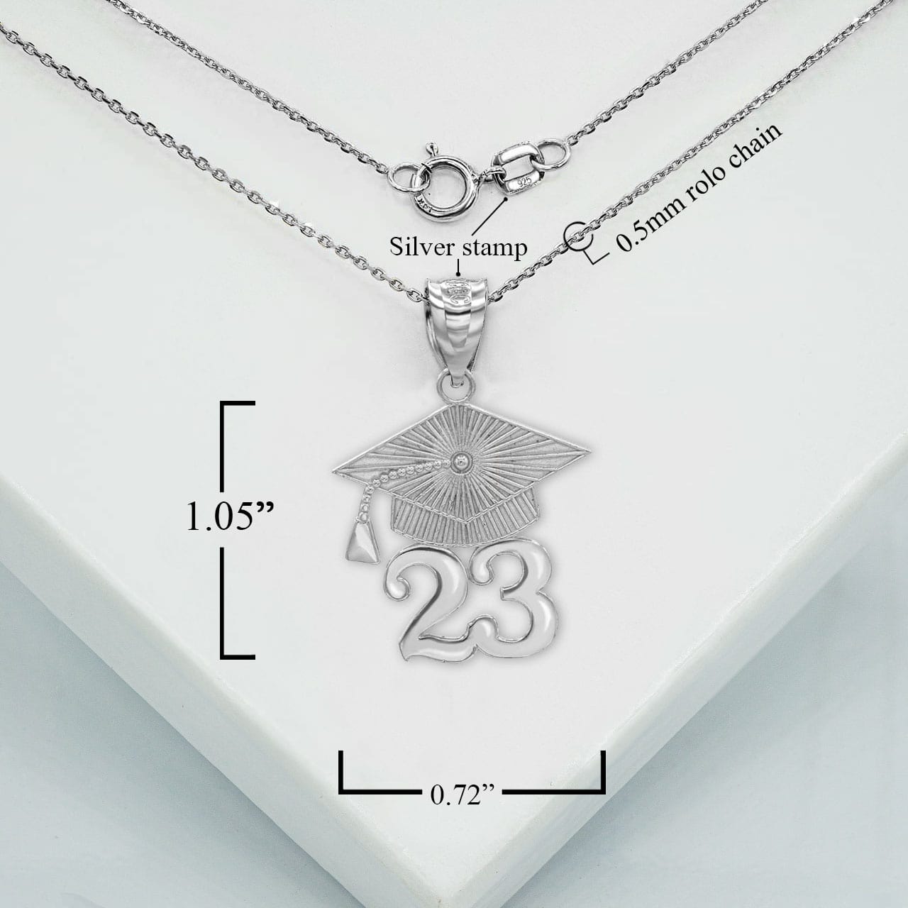 Silver 2023 Graduation Cap Pendant Necklace, view 3