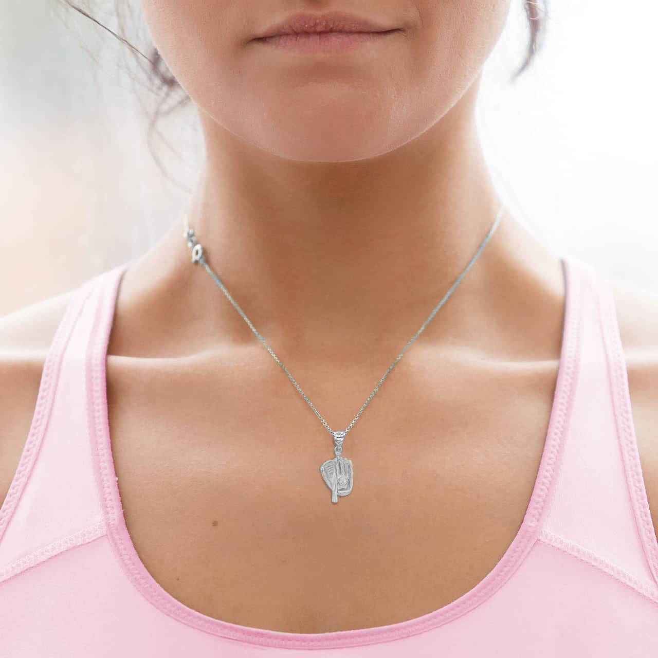 Silver 3D Baseball Bat and Gloves Sports Pendant Necklace, view 2