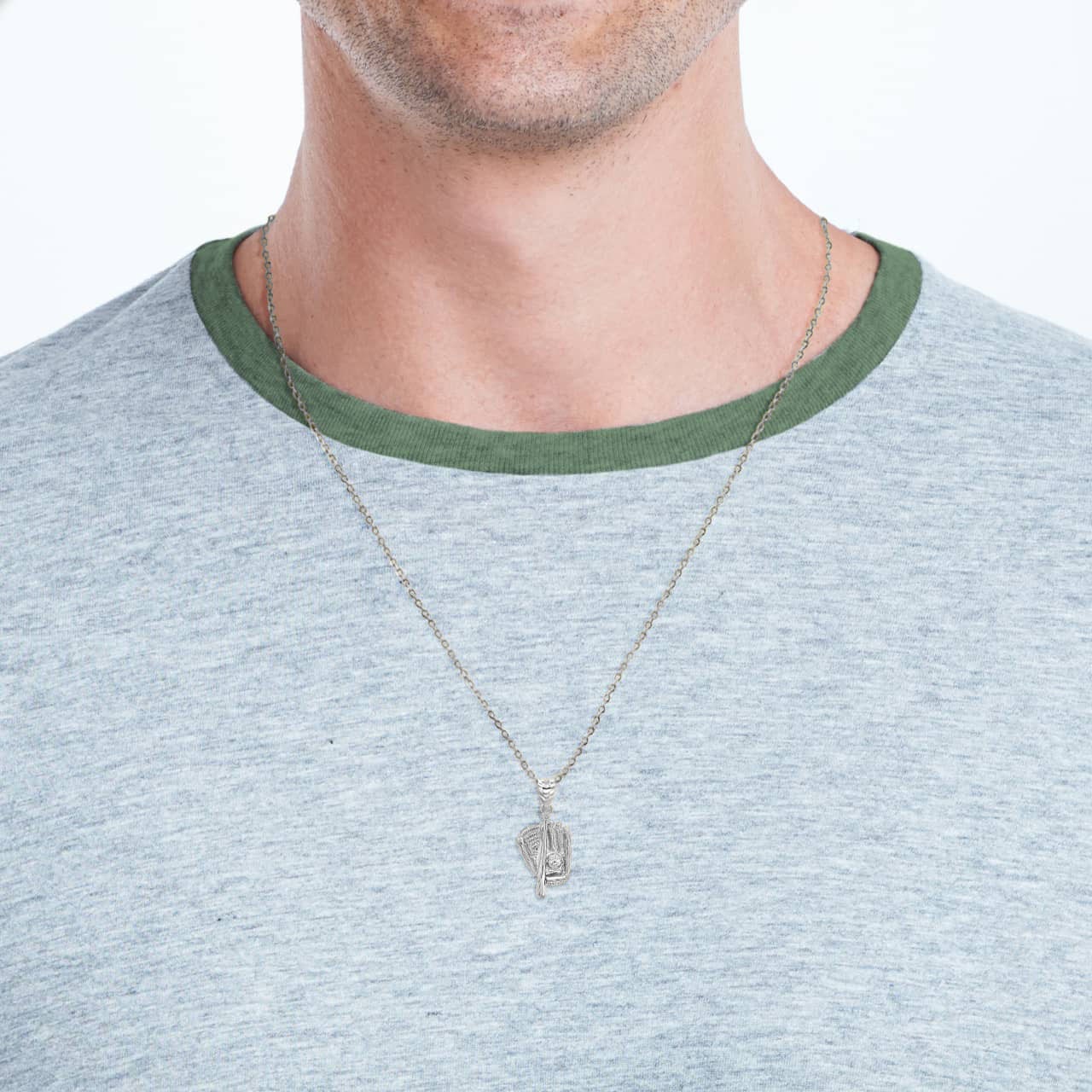 Silver 3D Baseball Bat and Gloves Sports Pendant Necklace, view 3