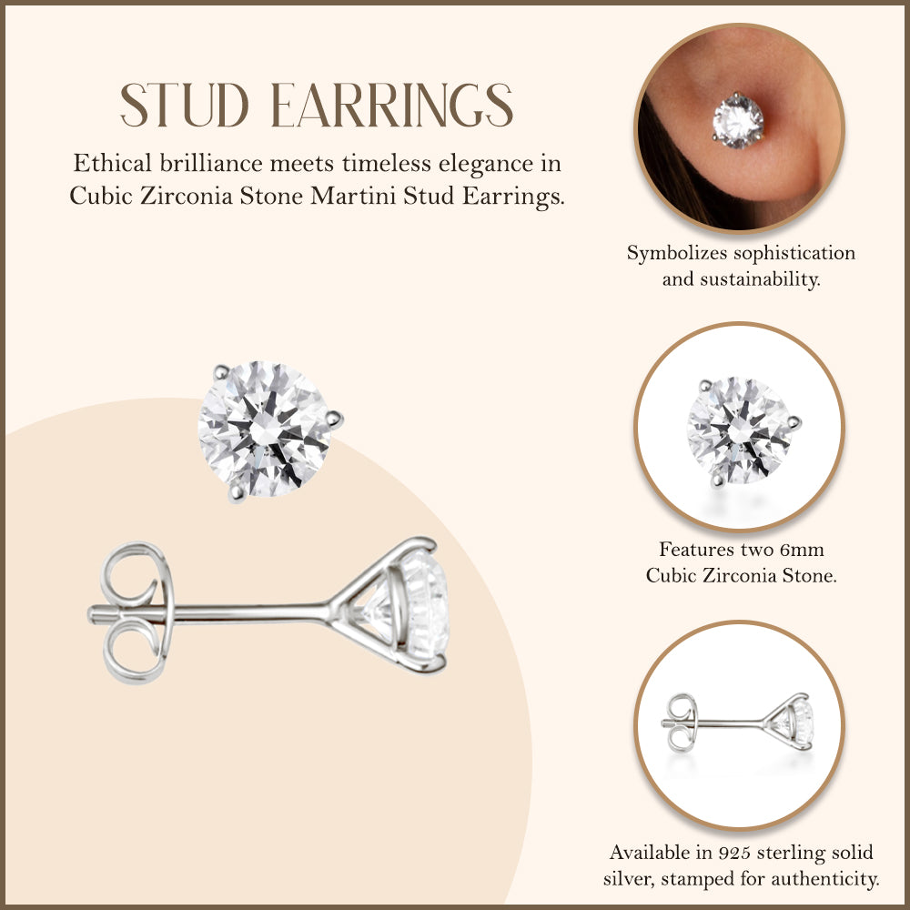 Silver 6 mm Cubic Zirconia Martini Stud Earrings, view 3