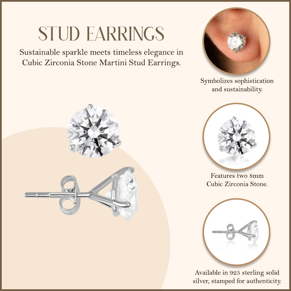 Silver 8 mm Cubic Zirconia Martini Stud Earrings, view 3