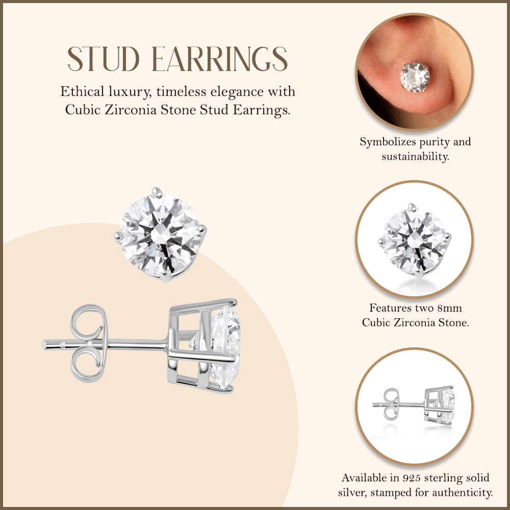 Silver 8 mm Cubic Zirconia Stud Earrings, view 3
