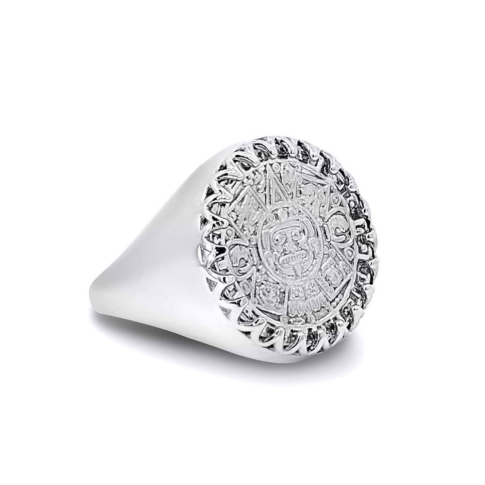 Silver Aztec Mayan Sun Calendar Signet Ring