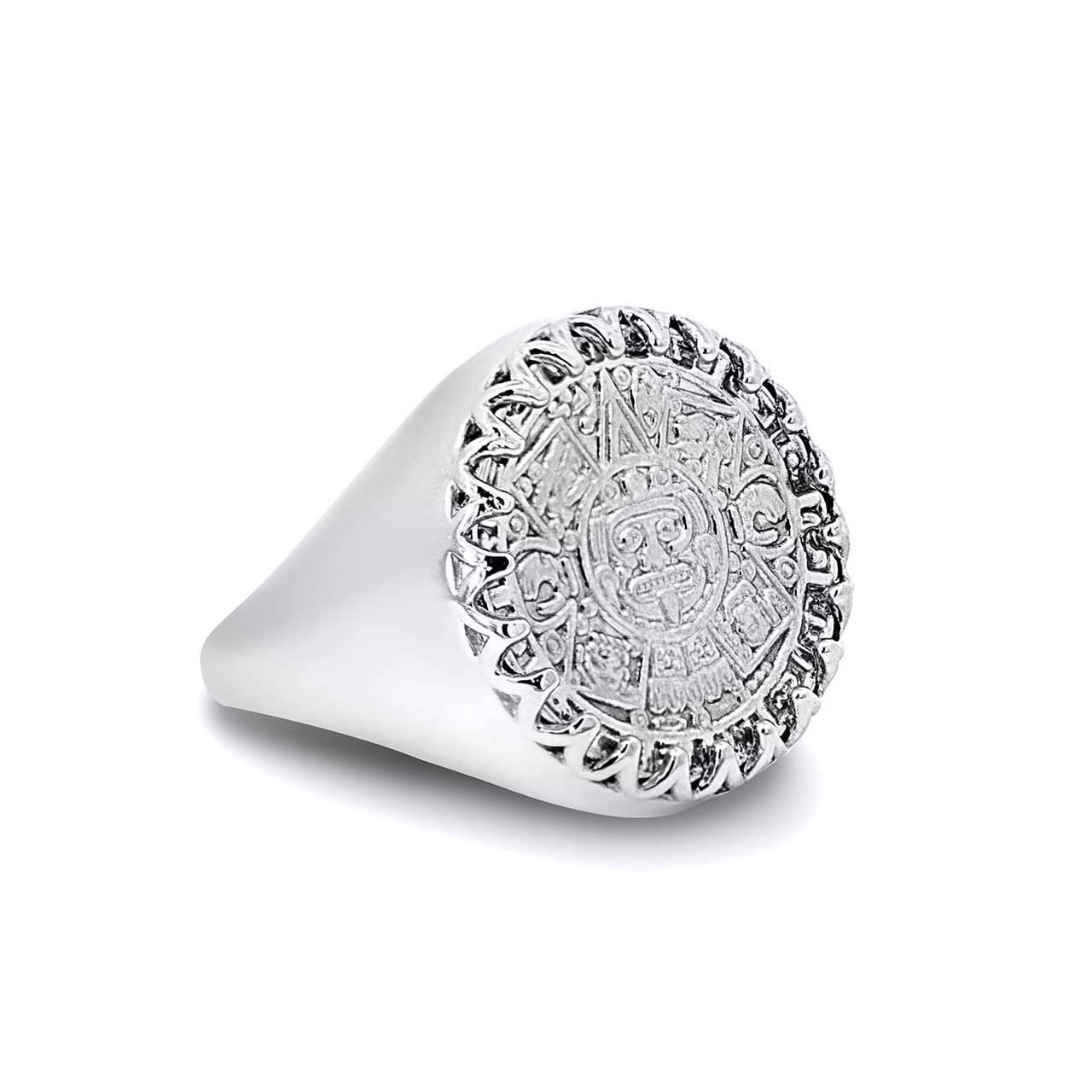 Silver Aztec Mayan Sun Calendar Signet Ring