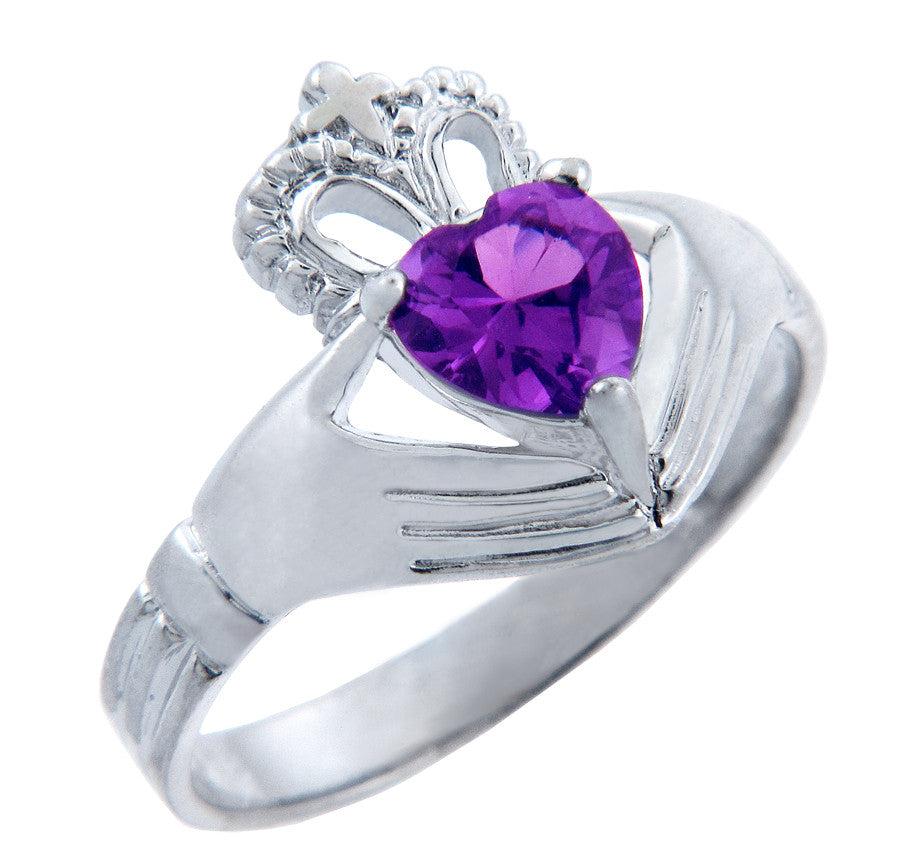 Silver Claddagh Band with Heart CZ Birthstones, view 2