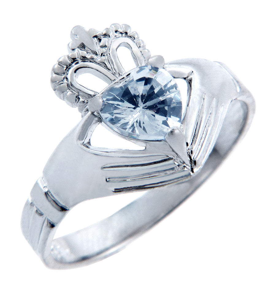 Silver Claddagh Band with Heart CZ Birthstones, view 3