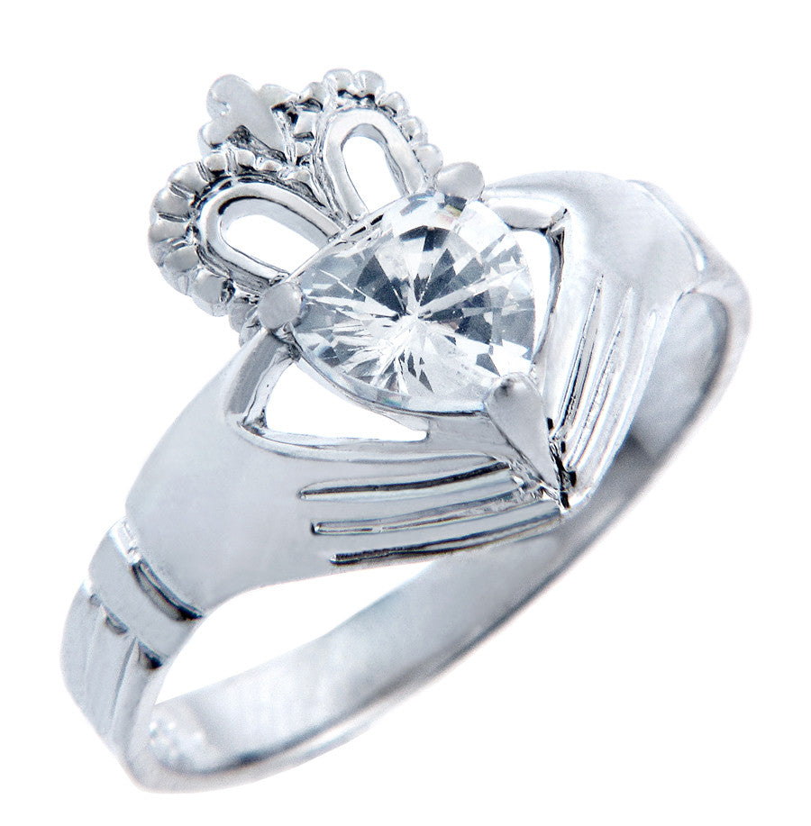 Silver Claddagh Band with Heart CZ Birthstones, view 4