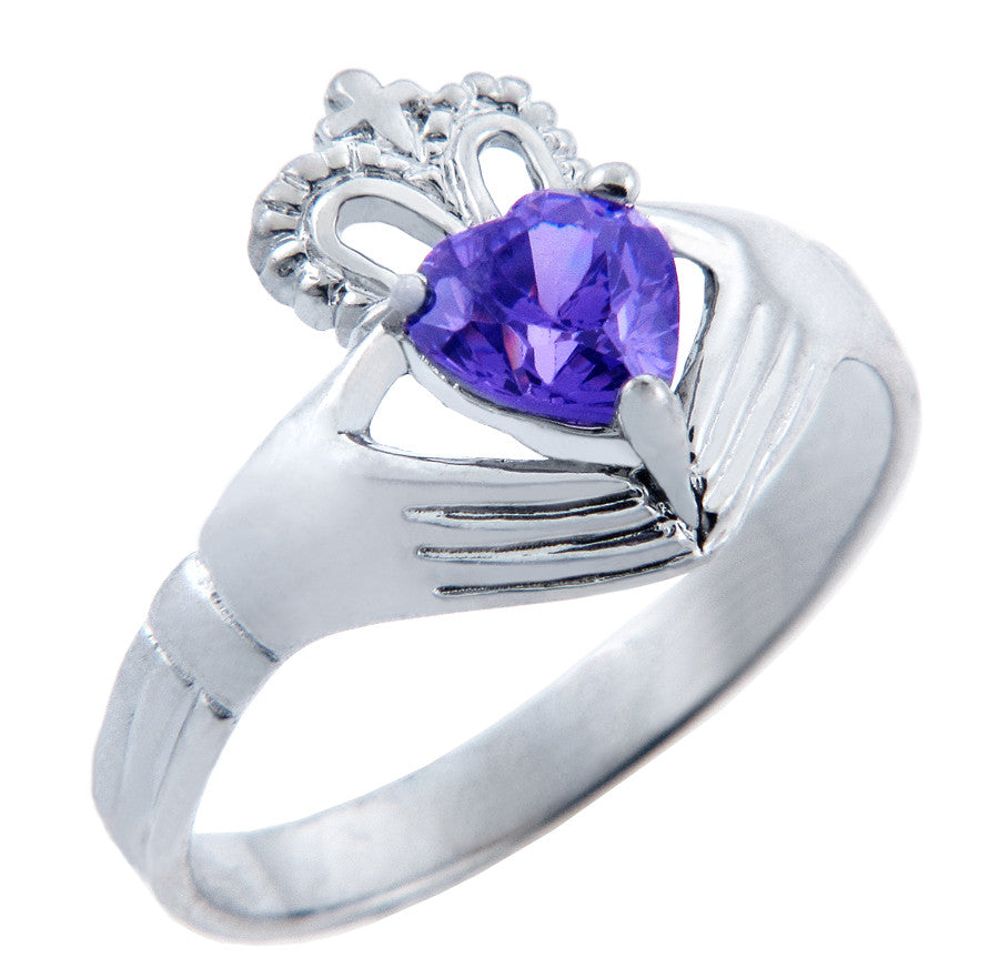 Silver Claddagh Band with Heart CZ Birthstones, view 6