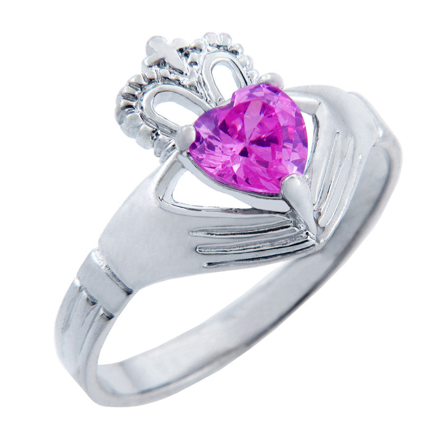 Silver Claddagh Band with Heart CZ Birthstones, view 10