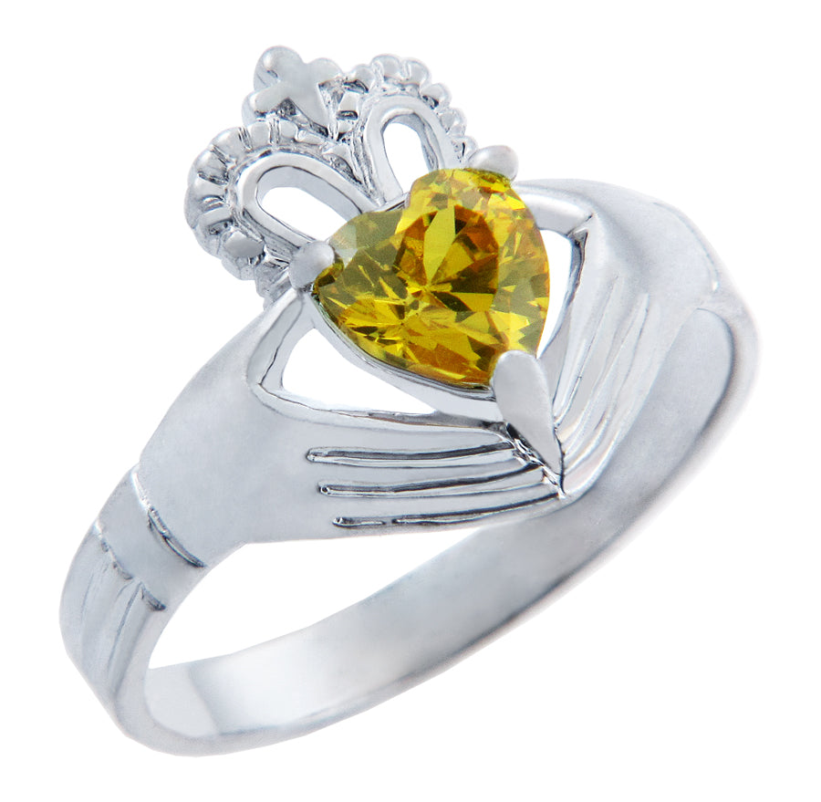 Silver Claddagh Band with Heart CZ Birthstones, view 11