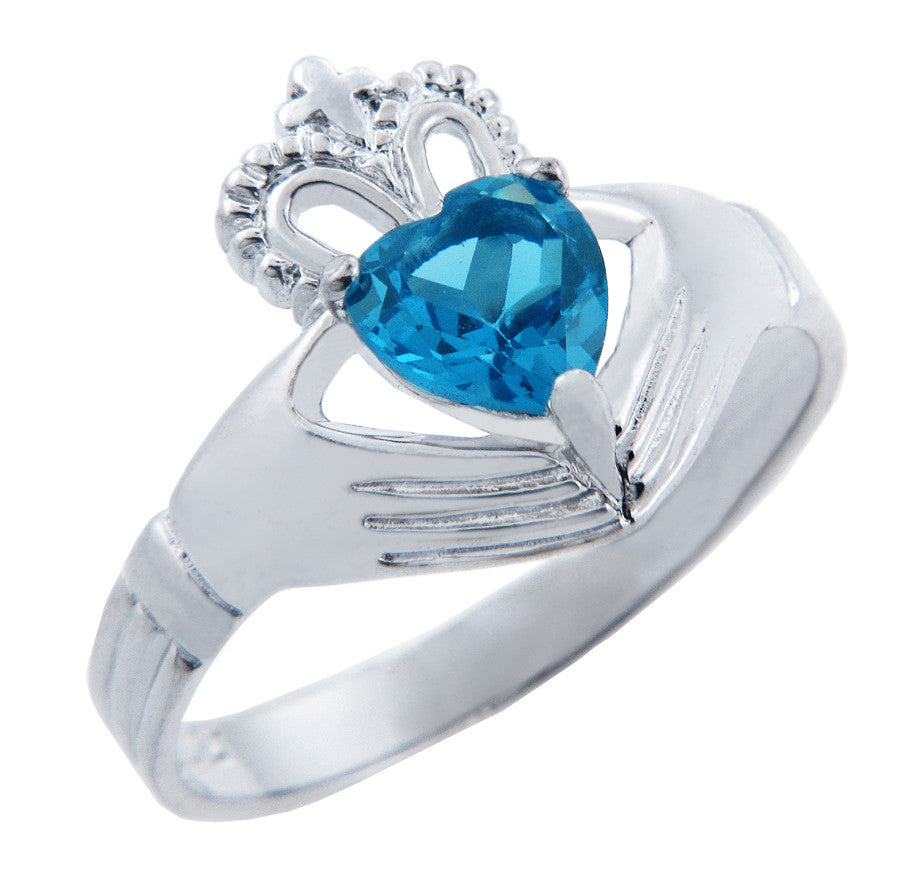 Silver Claddagh Band with Heart CZ Birthstones, view 12