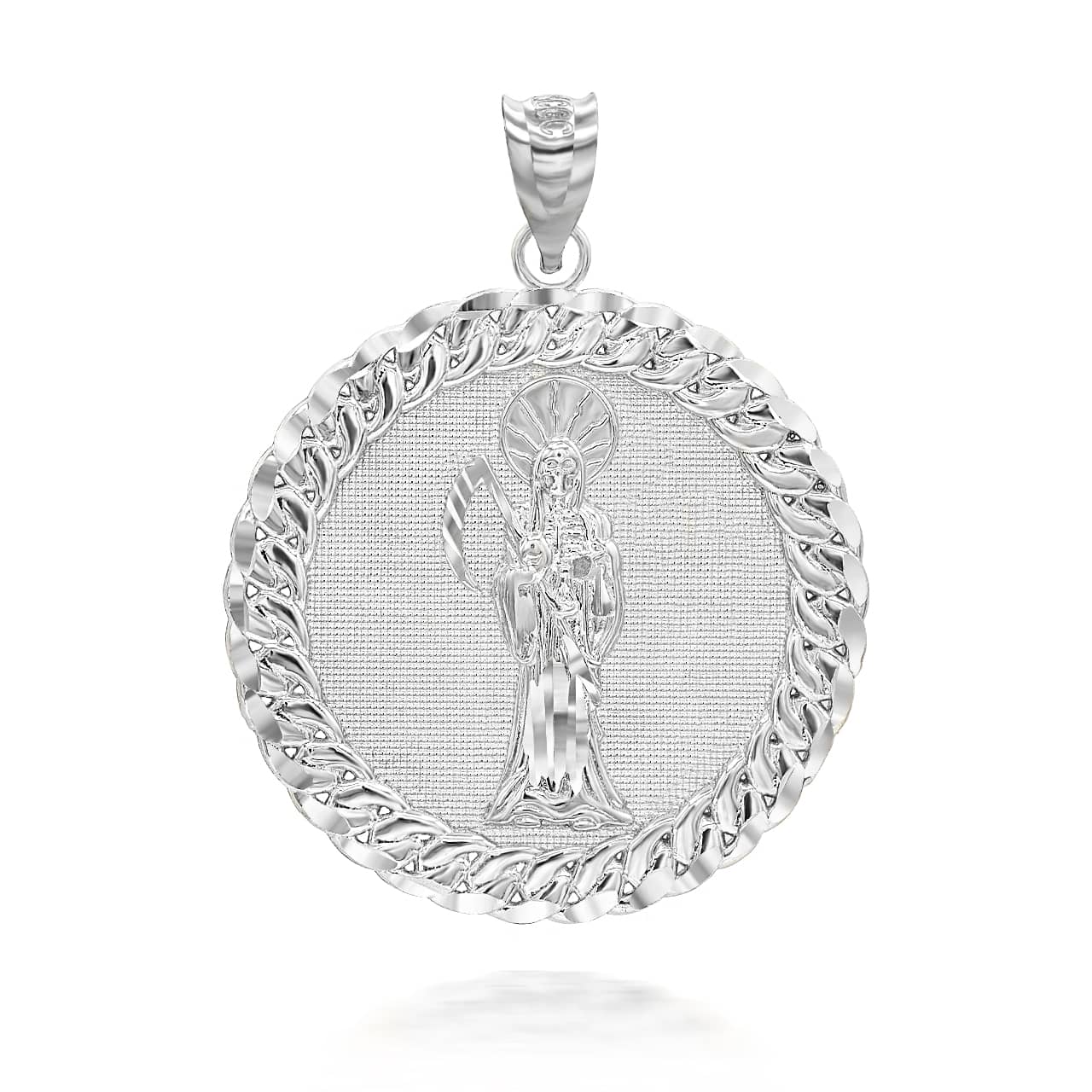 Silver Cuban Framed Santa Muerte Pendant Necklace