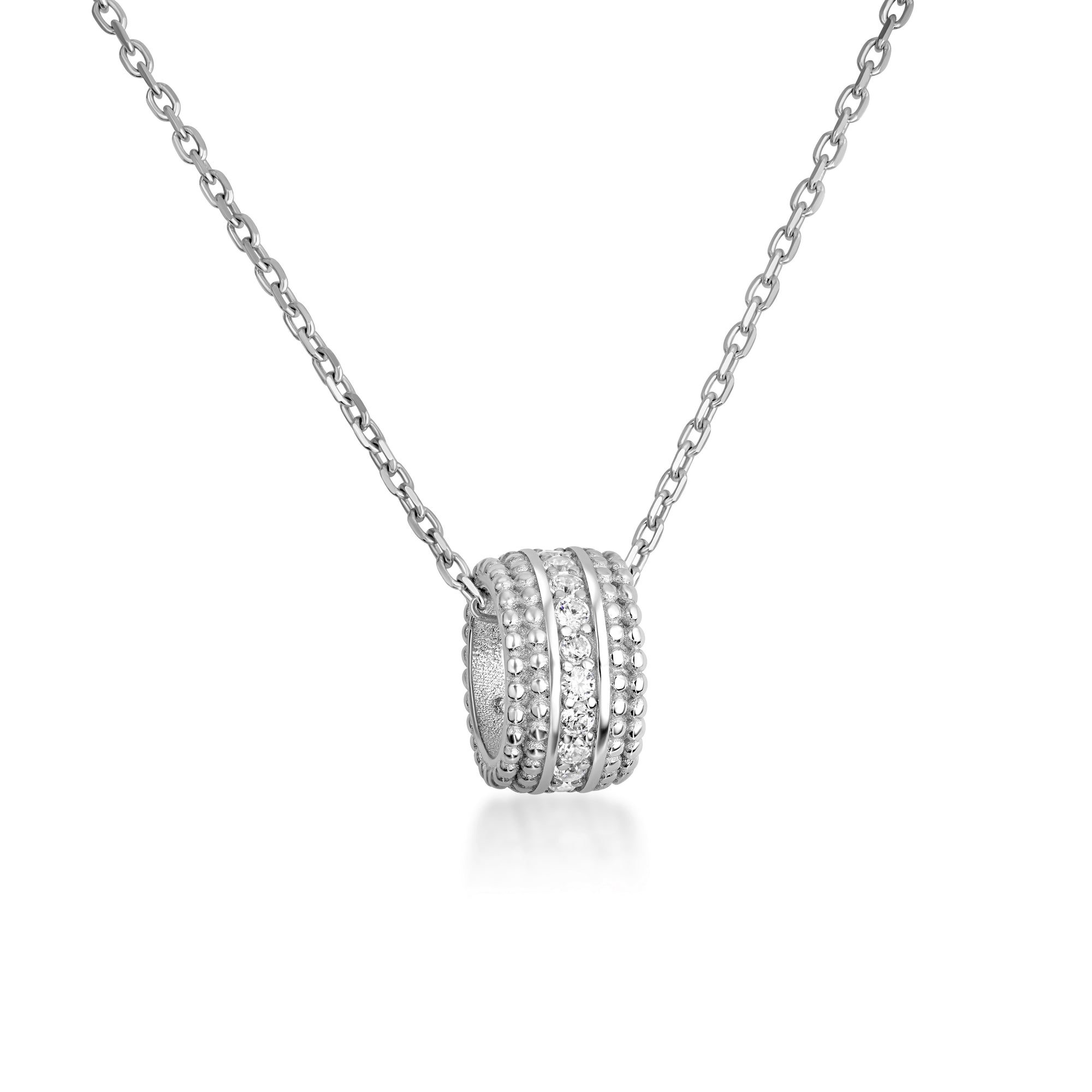 Silver Cubic Zirconia Ribbed Barrel Pendant Necklace (16"/18" Adjustable Rolo Chain)