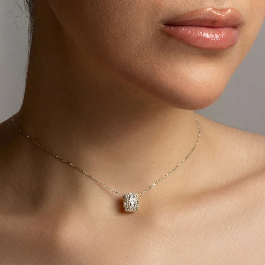 Silver Cubic Zirconia Ribbed Barrel Pendant Necklace (16"/18" Adjustable Rolo Chain), view 2