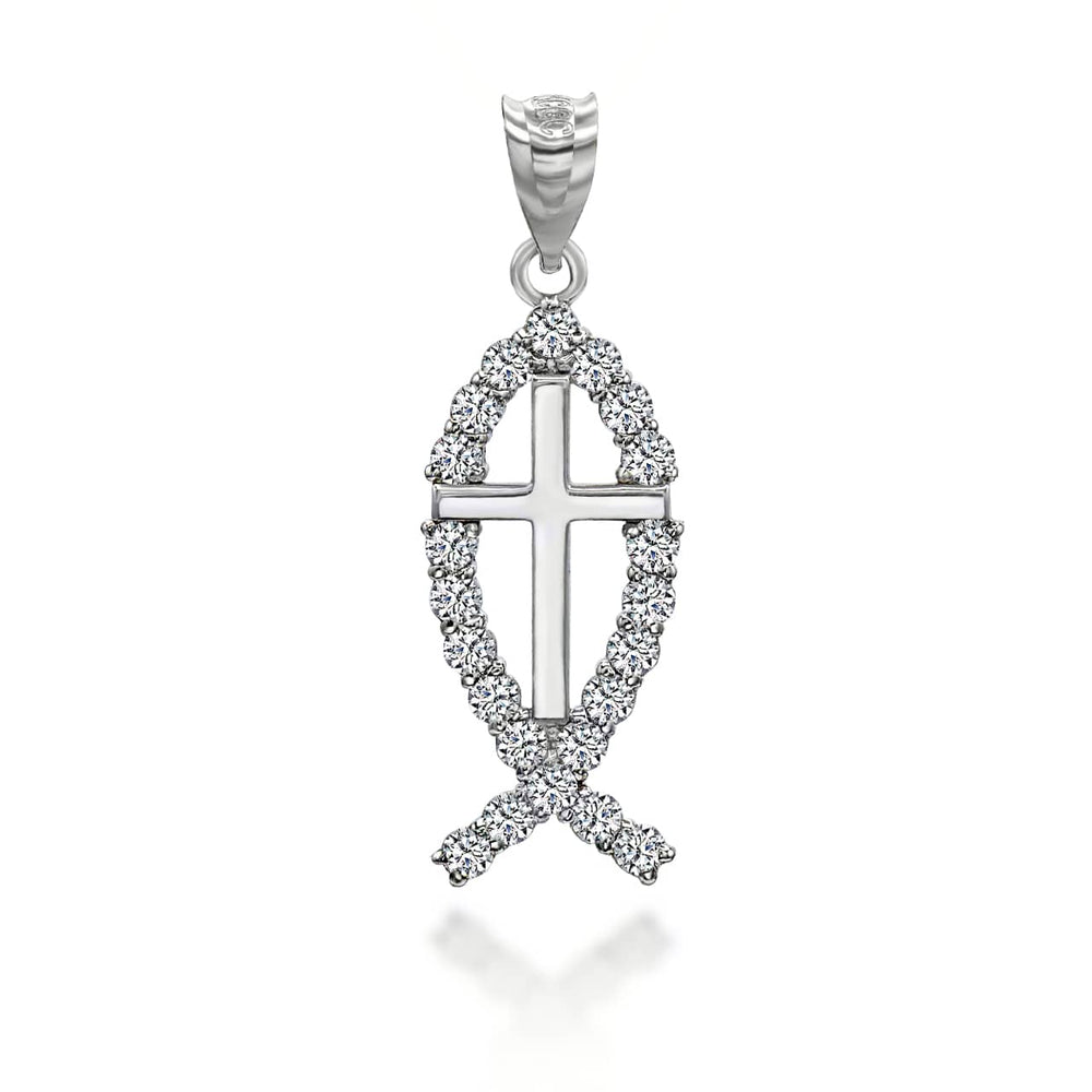 Silver CZ Ichthus Pendant Necklace