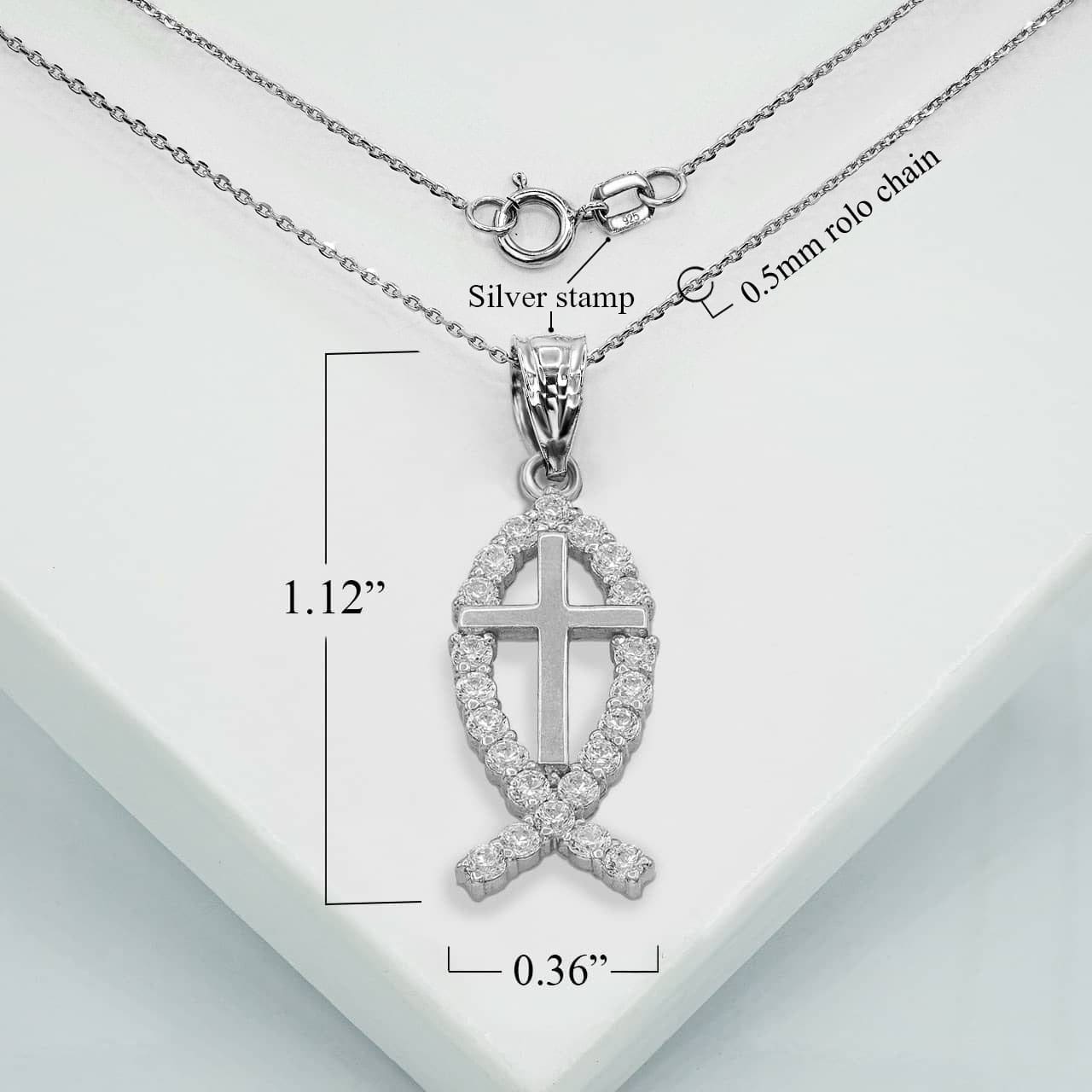 Silver CZ Ichthus Pendant Necklace, view 3