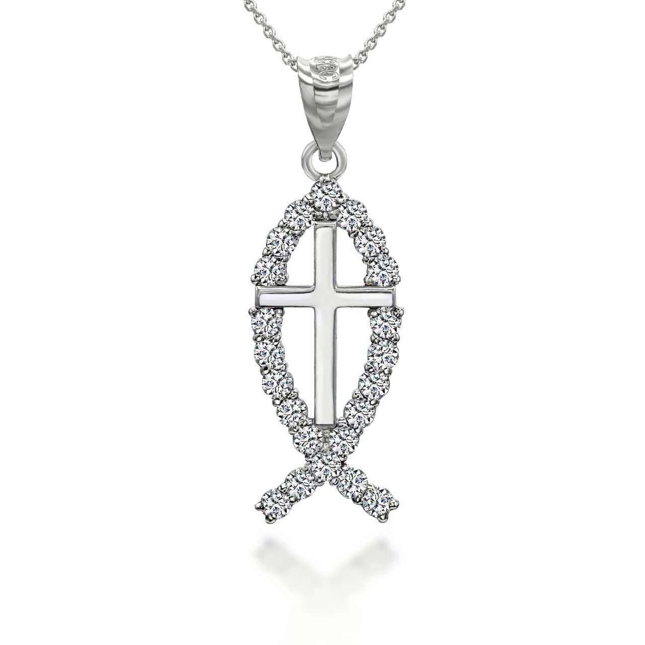Silver CZ Ichthus Pendant Necklace, view 4