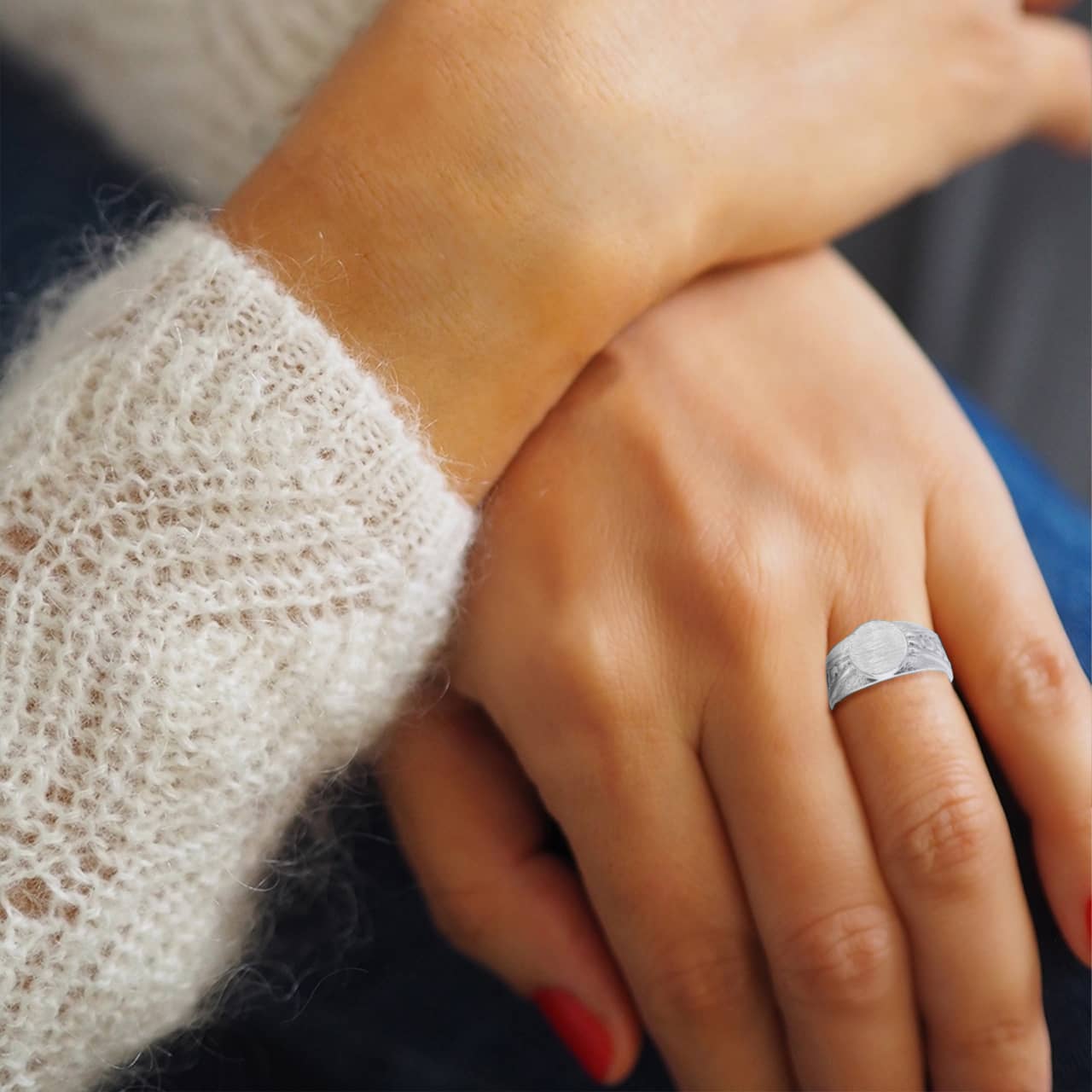 Silver Dainty Textured Engravable Signet Ring, view 2