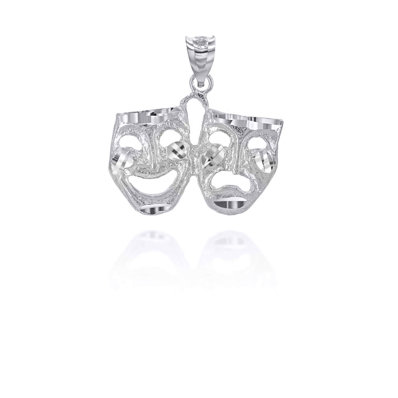 Silver Diamond Cut Comedy & Tragedy Drama & Theater Masks Pendant Necklace