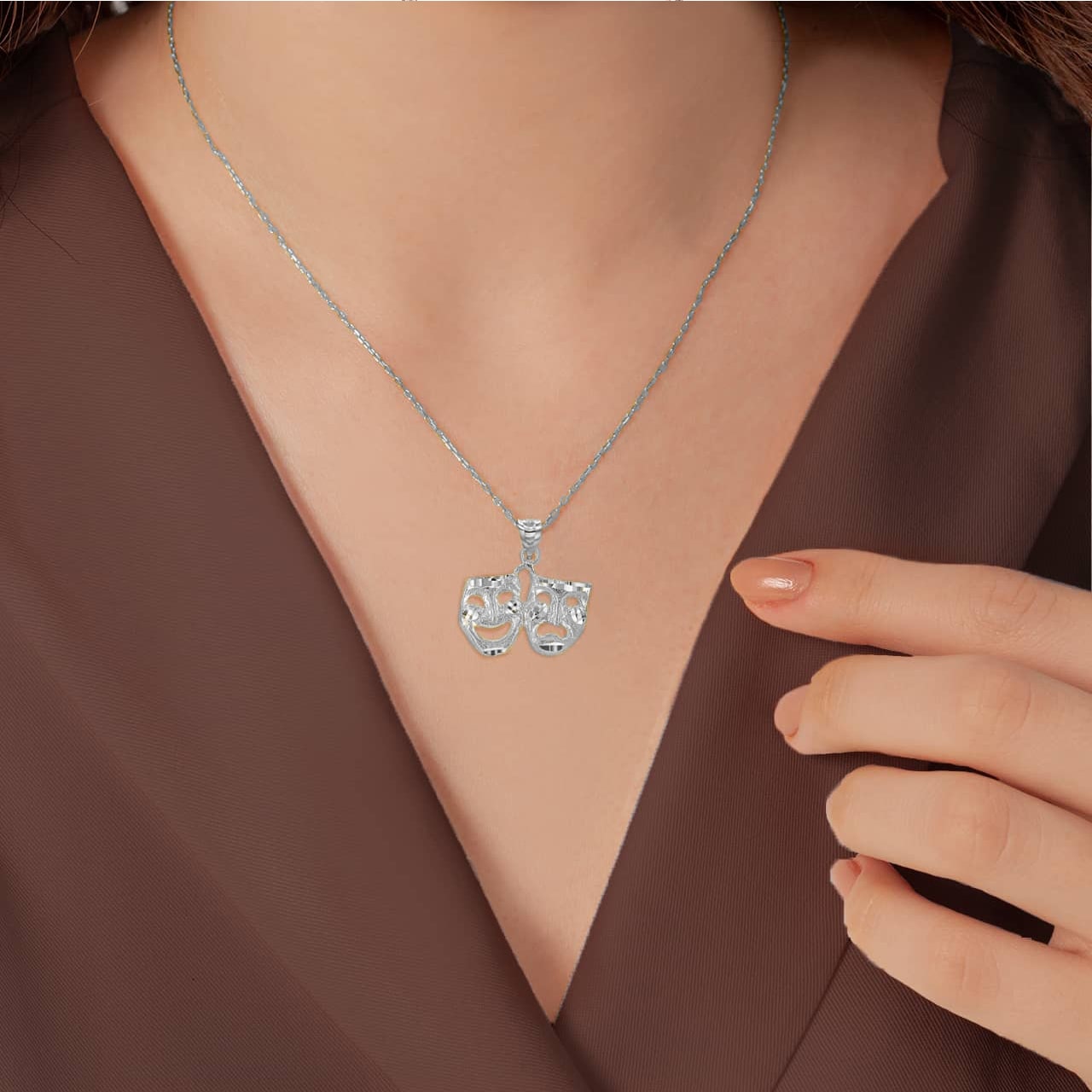 Silver Diamond Cut Comedy & Tragedy Drama & Theater Masks Pendant Necklace, view 3