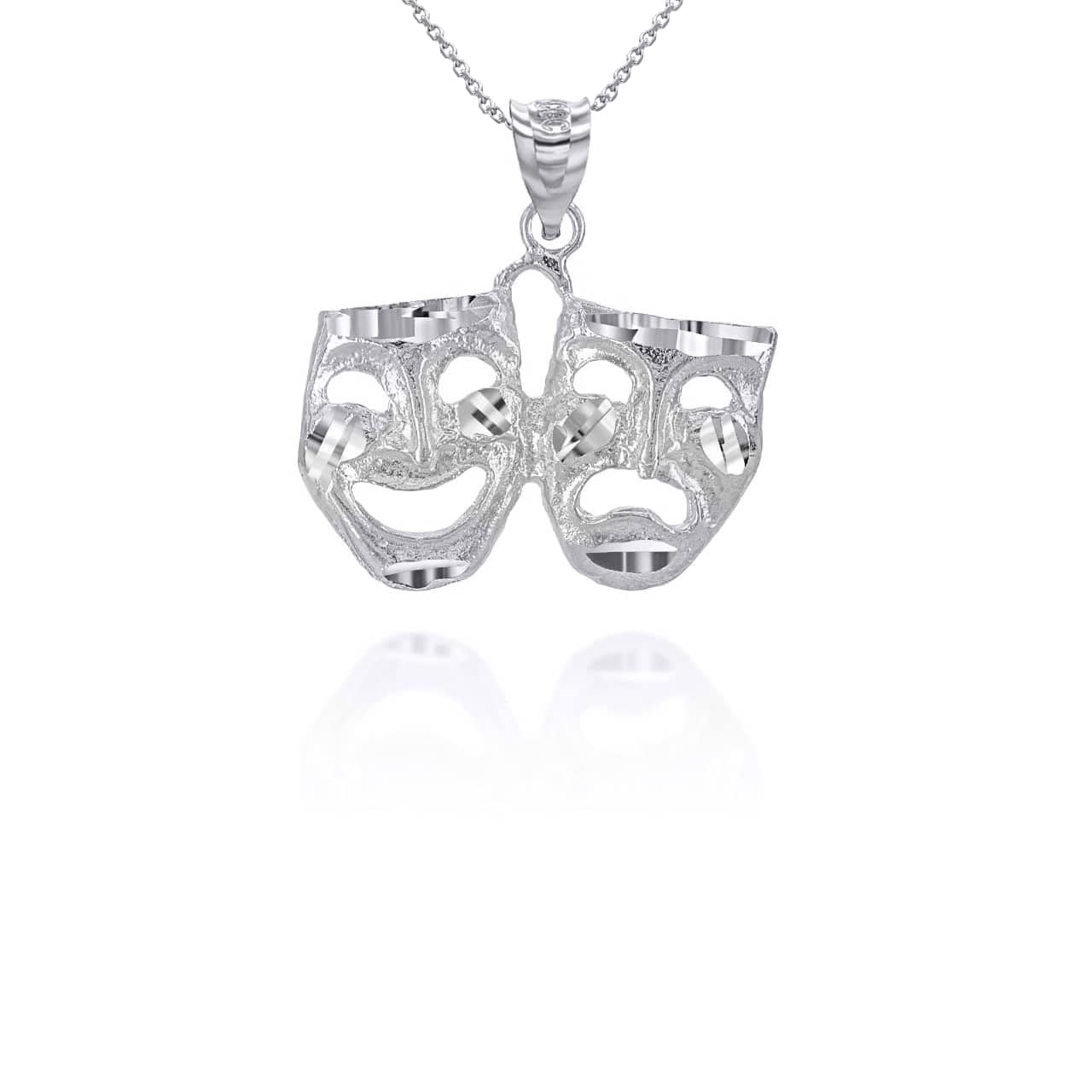 Silver Diamond Cut Comedy & Tragedy Drama & Theater Masks Pendant Necklace, view 4