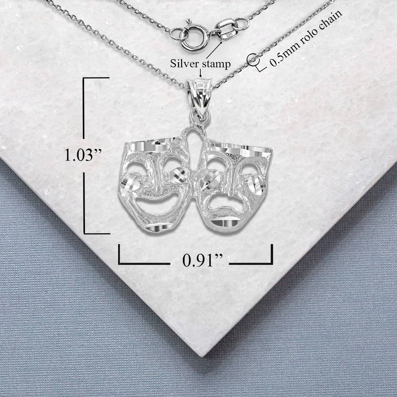 Silver Diamond Cut Comedy & Tragedy Drama & Theater Masks Pendant Necklace, view 5