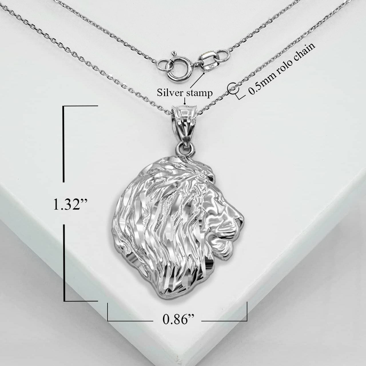 Silver Diamond Cut Lion Head Pendant Necklace, view 5