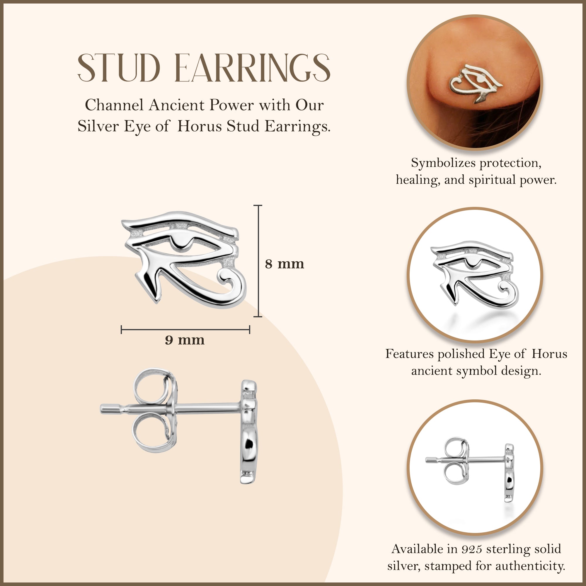 Silver Eye of Horus Stud Earrings, view 3