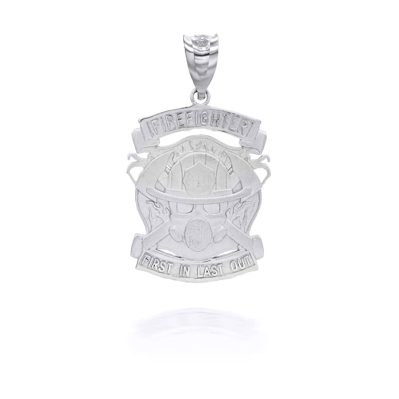 Silver Firefighter Logo "First In Last Out" Pendant Necklace