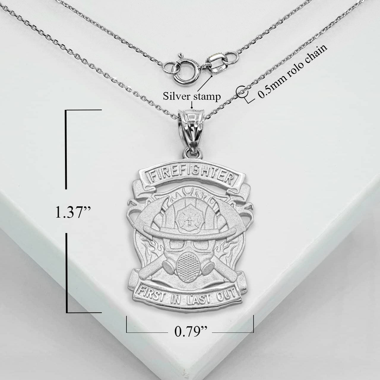 Silver Firefighter Logo "First In Last Out" Pendant Necklace, view 4