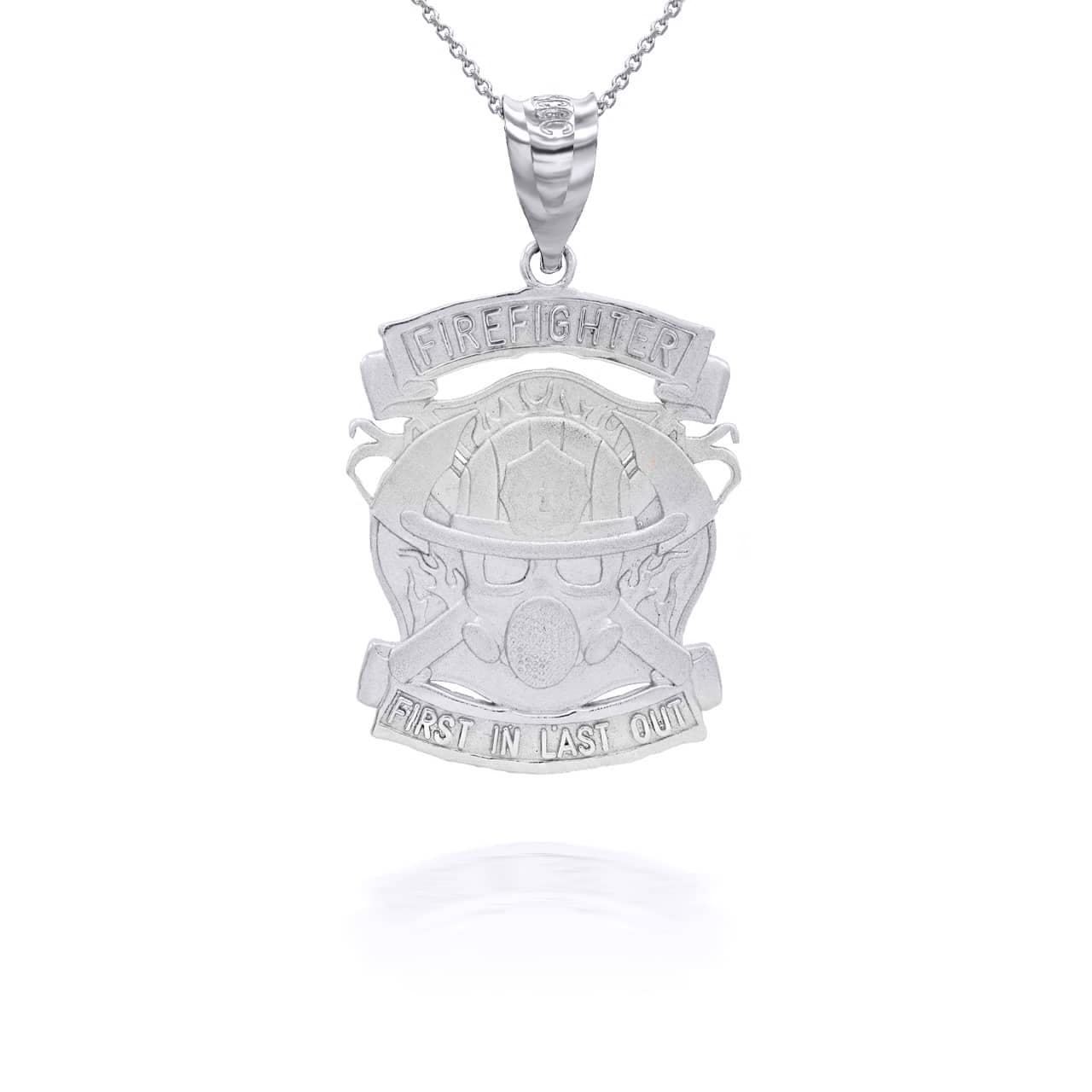 Silver Firefighter Logo "First In Last Out" Pendant Necklace, view 5