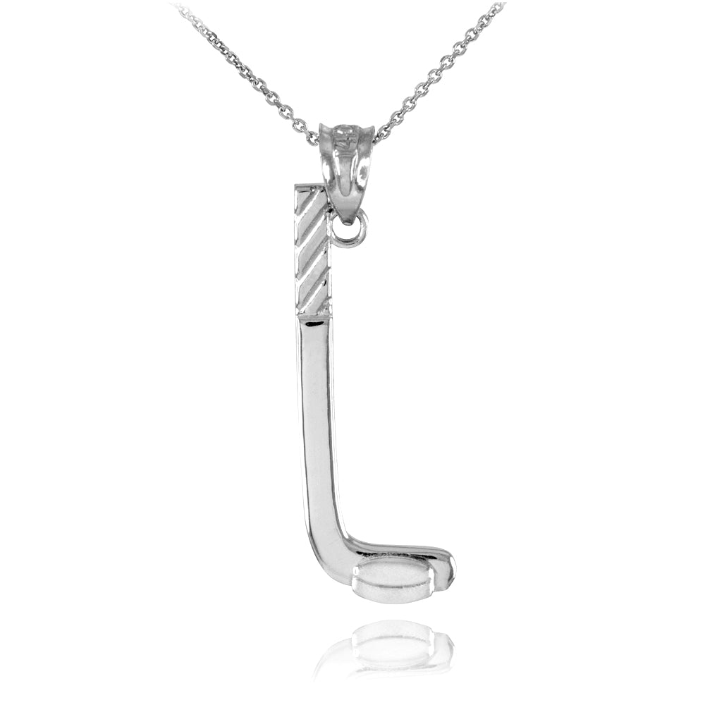 Silver Hockey Stick and Puck Winter Sports Pendant Necklace