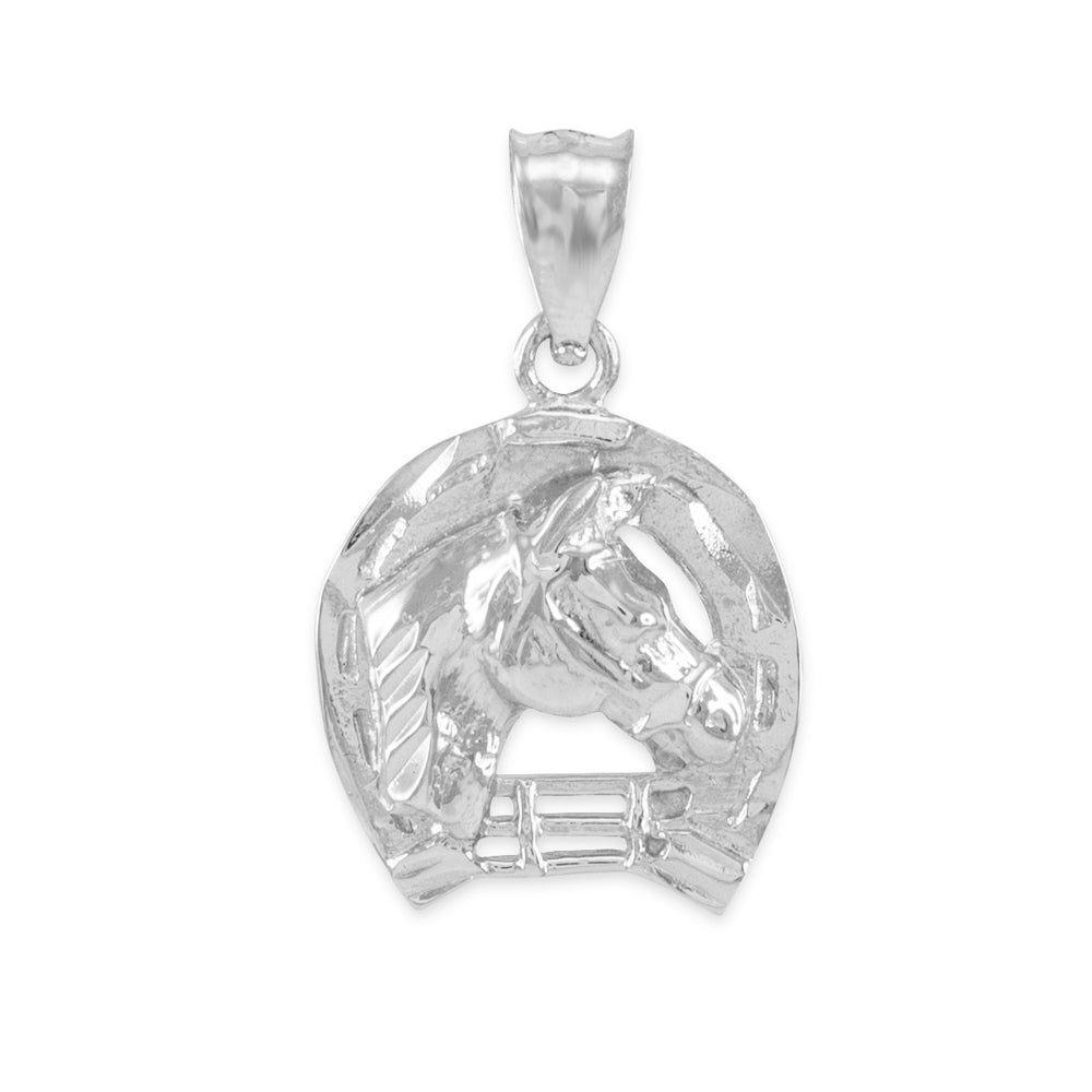 Silver Horseshoe with Horse Head Charm Pendant Necklace, view 2