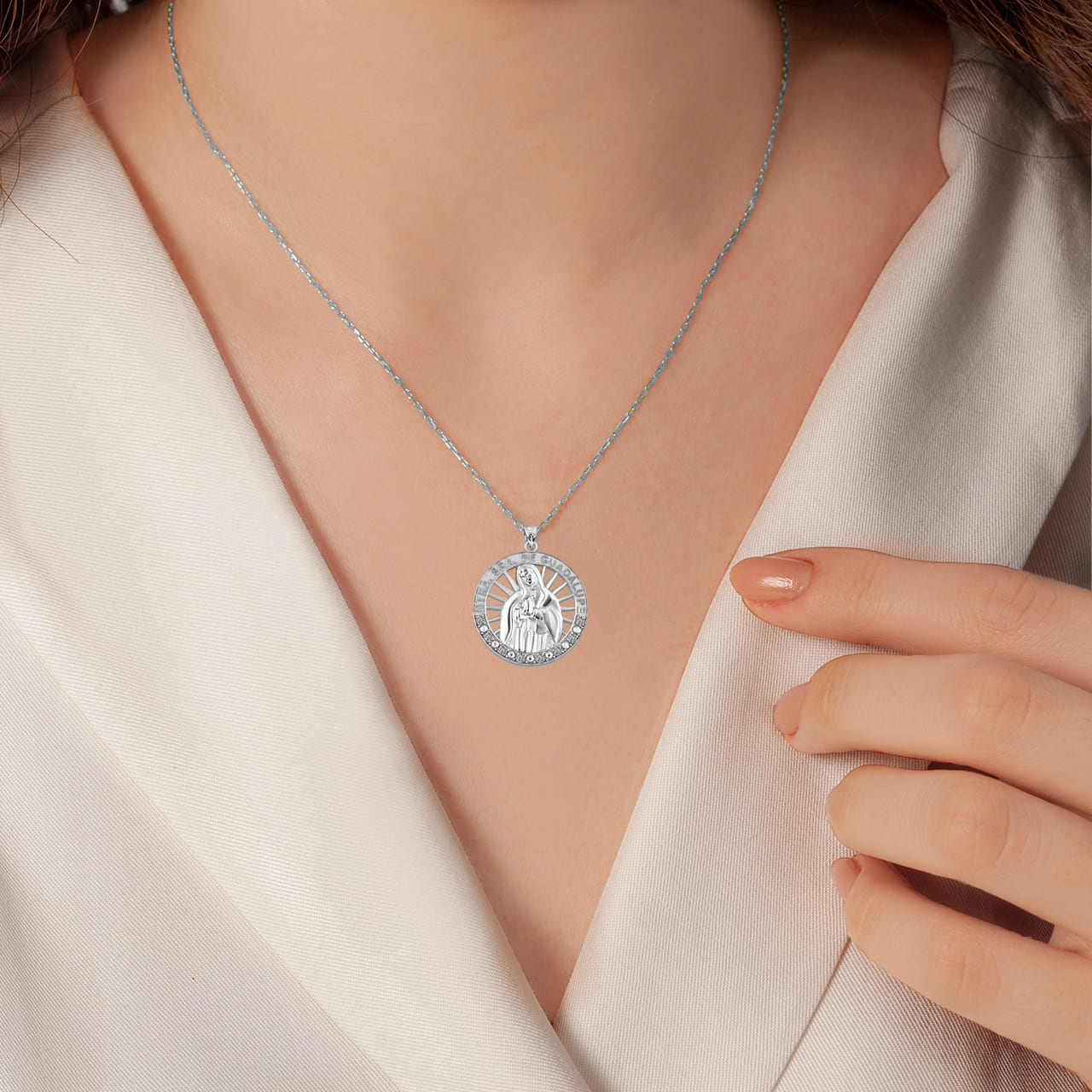 Silver Illuminated Our Lady of Guadalupe CZ Pendant Necklace, view 3