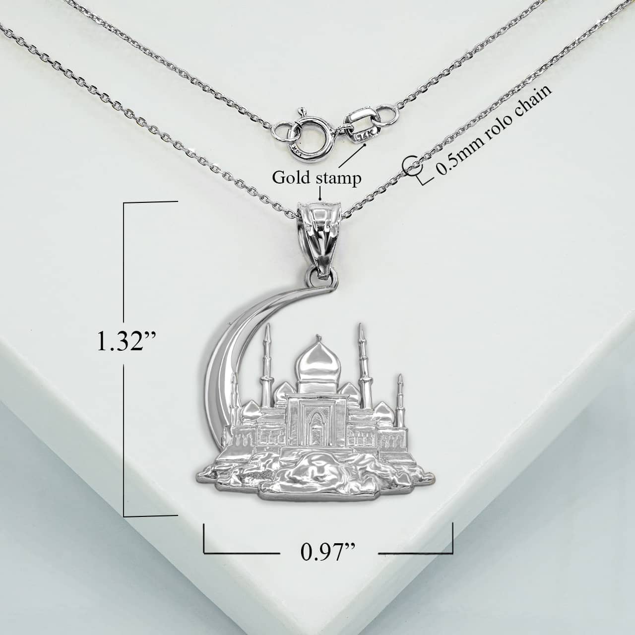Silver Islamic Crescent Moon Hilal Ibn Ali Mosque Pendant/Necklace, view 2