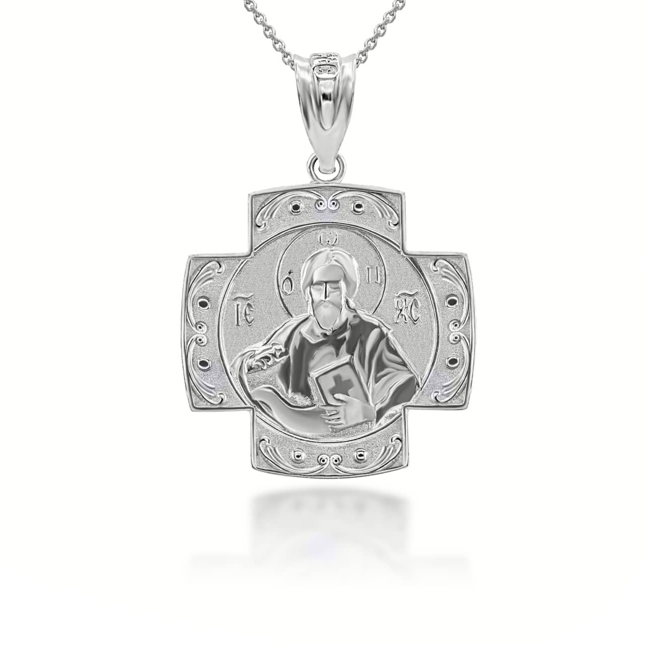 Silver Jesus And Mary Two Sided Russian Orthodox Cross Charm Necklace, view 2