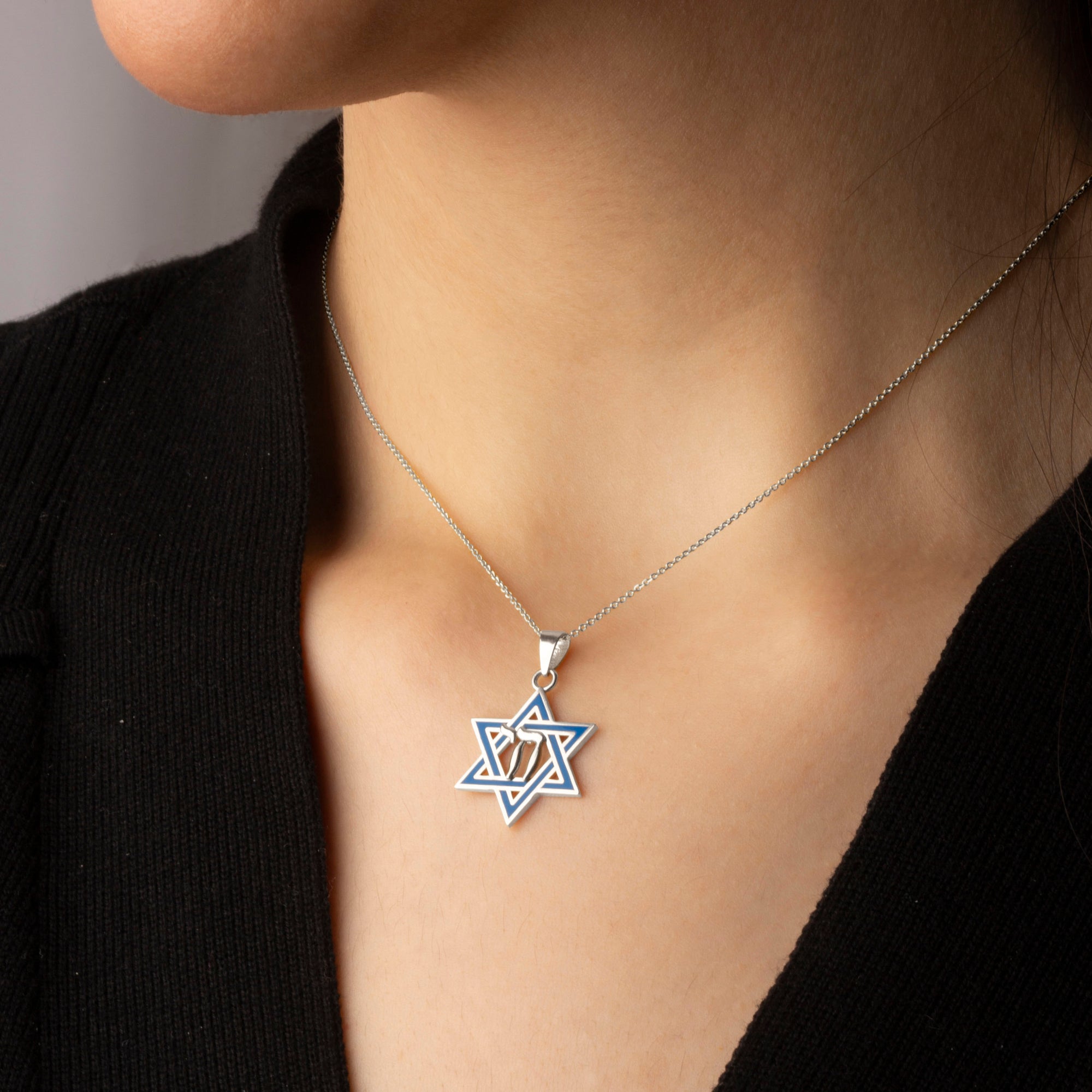 Silver Jewish Star of David Necklace with Chai, view 2