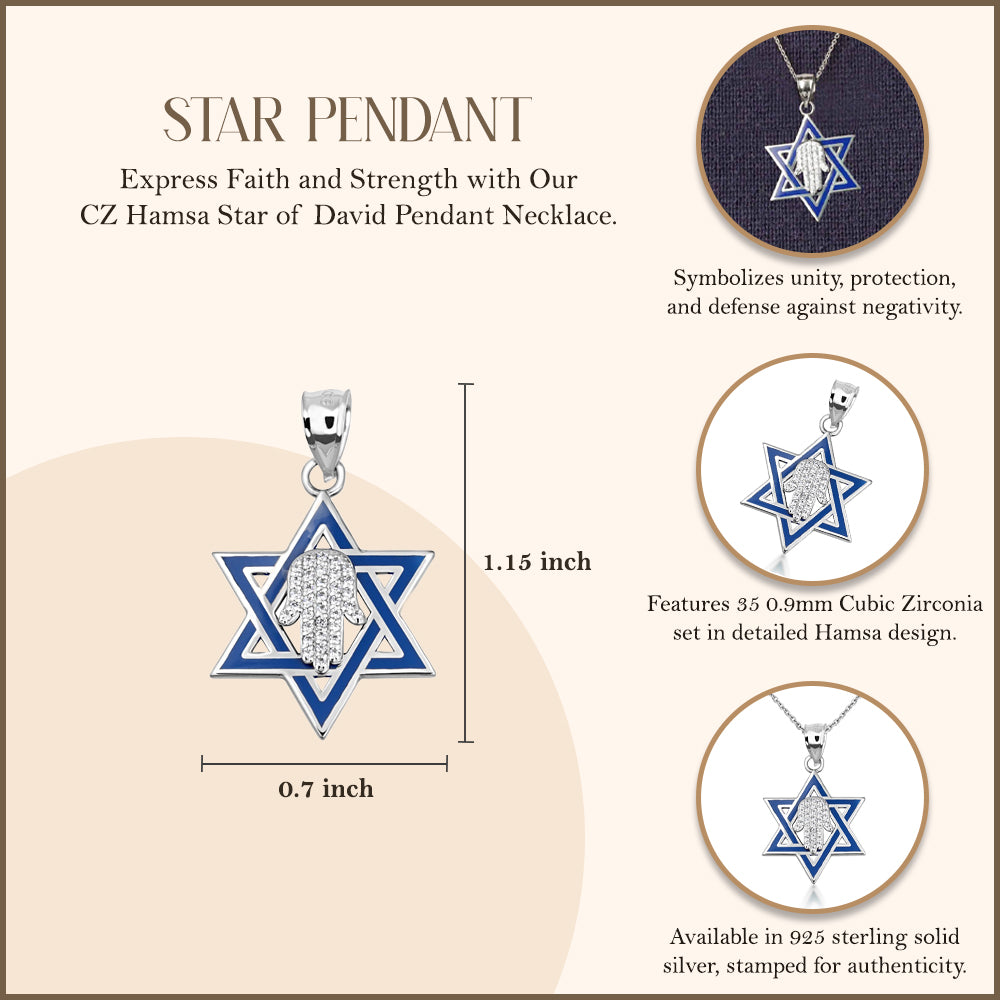 Silver Jewish Star of David Necklace with Cubic Zirconia Hamsa, view 3