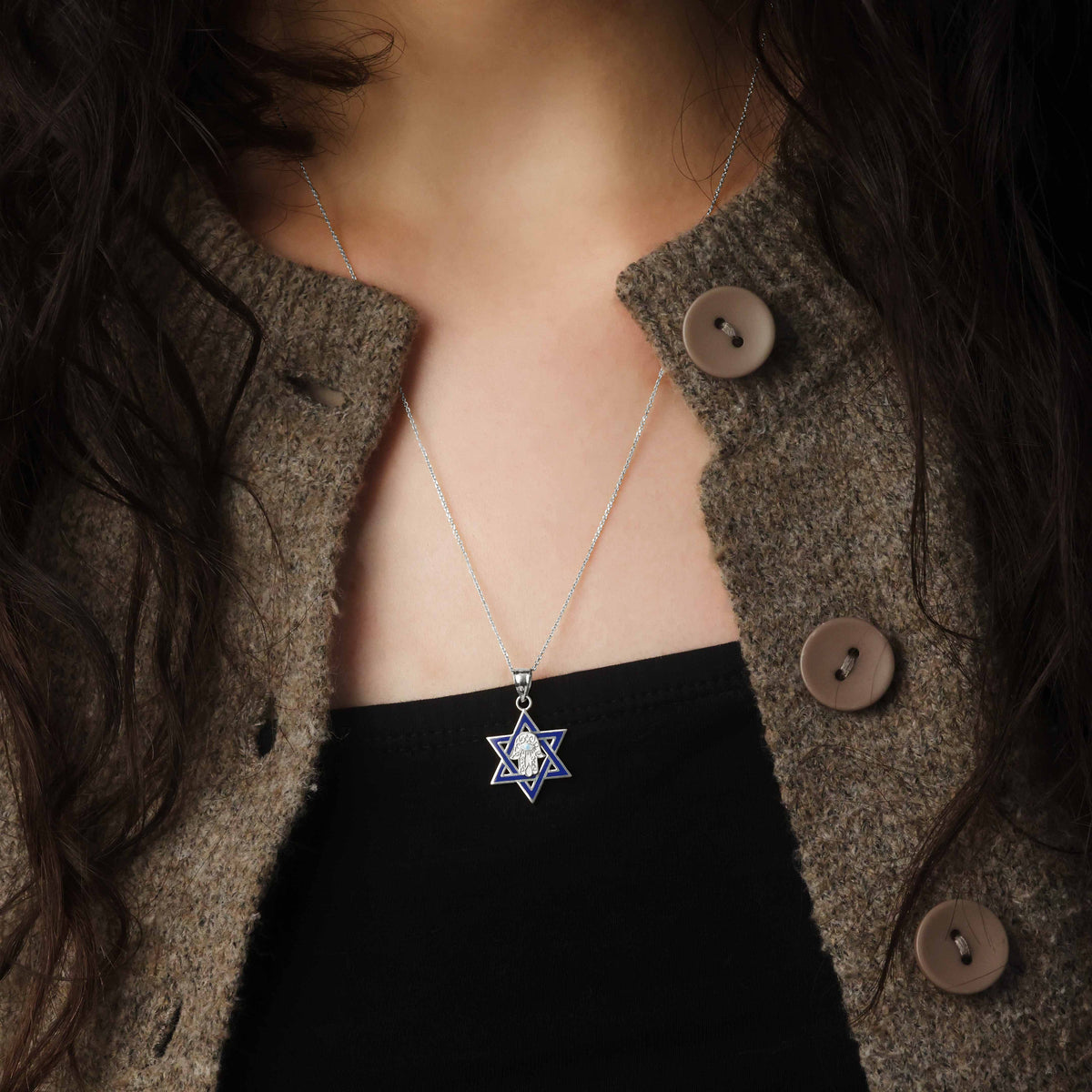 Silver Jewish Star of David Necklace with Hamsa, view 2