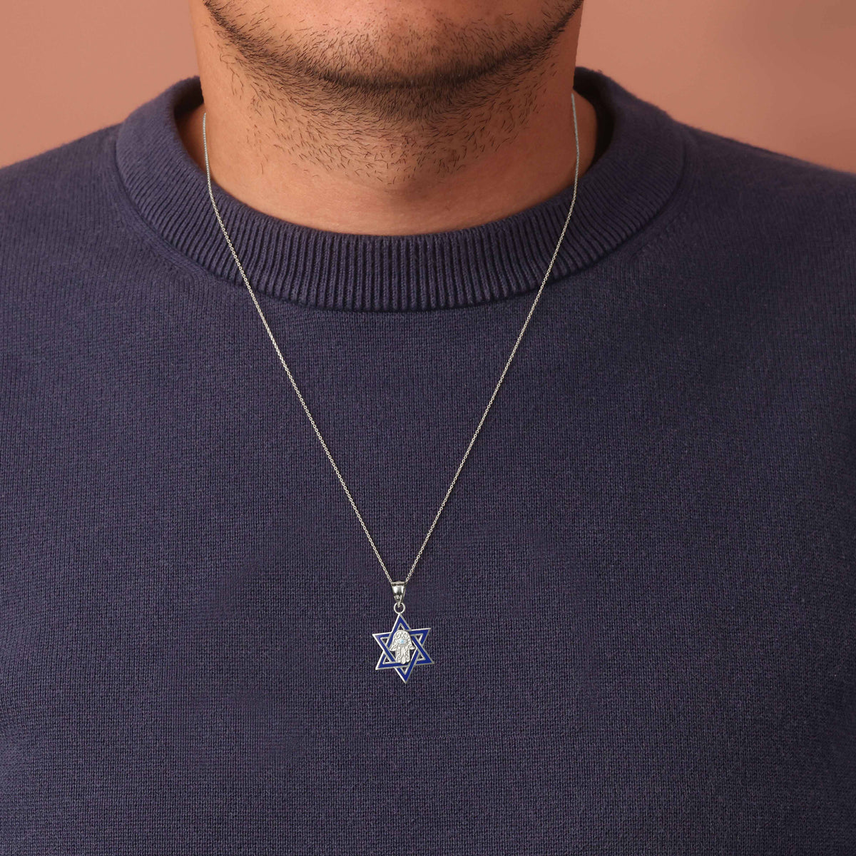 Silver Jewish Star of David Necklace with Hamsa, view 4