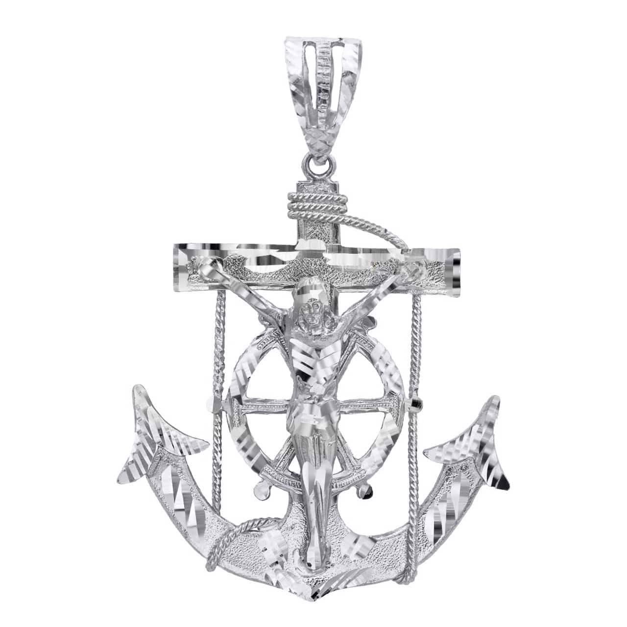 Silver Large Diamond Cut Crucifix Anchor Mariner Pendant