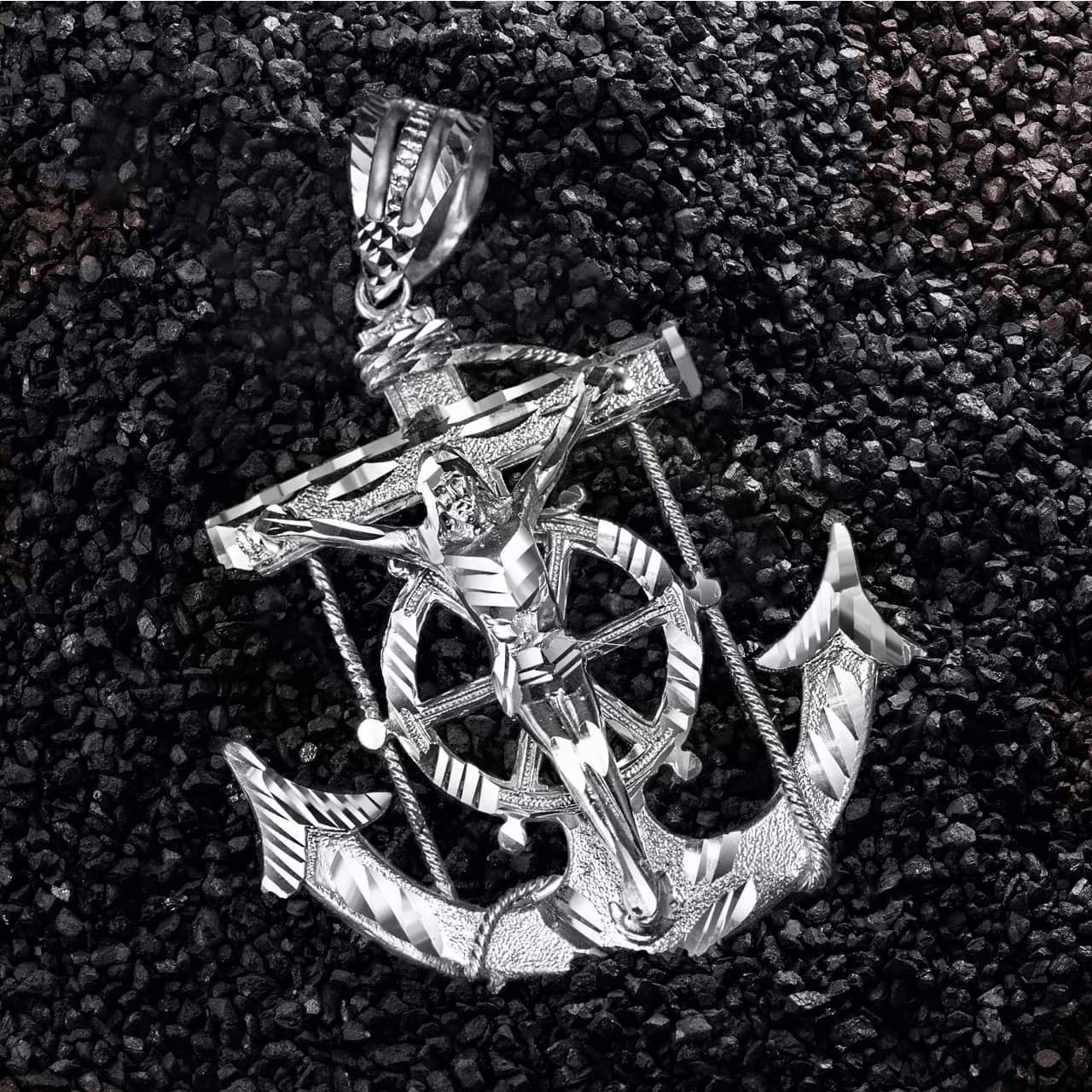 Silver Large Diamond Cut Crucifix Anchor Mariner Pendant, view 2