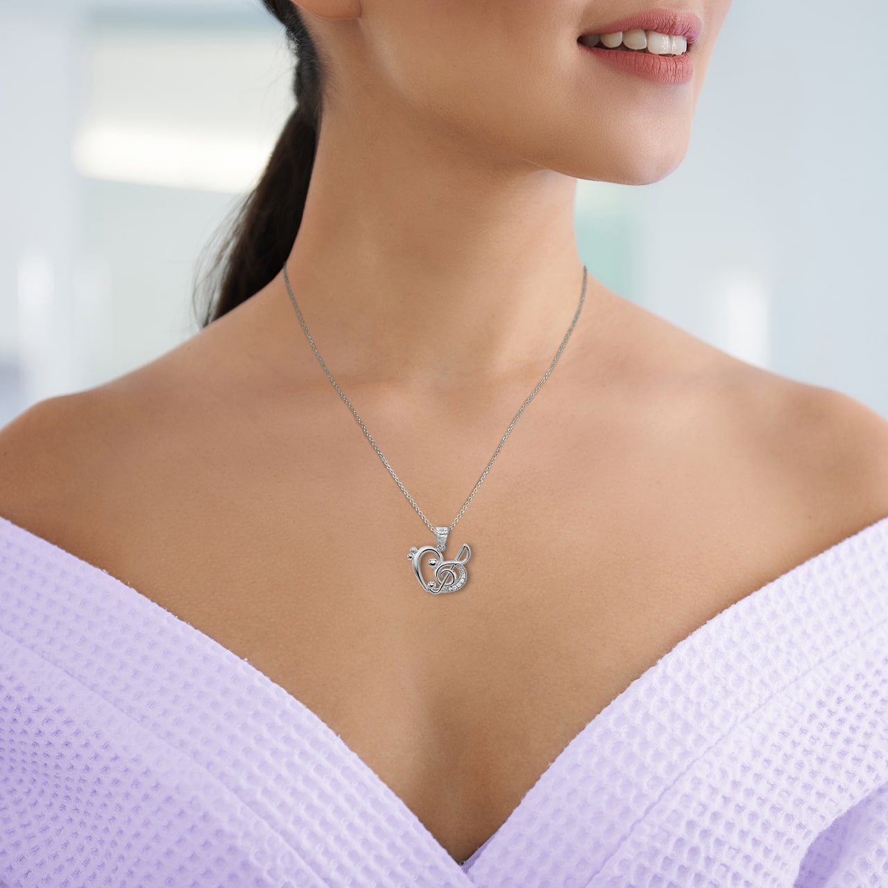 Silver Music Heart Treble Clef Pendant Necklace, view 2