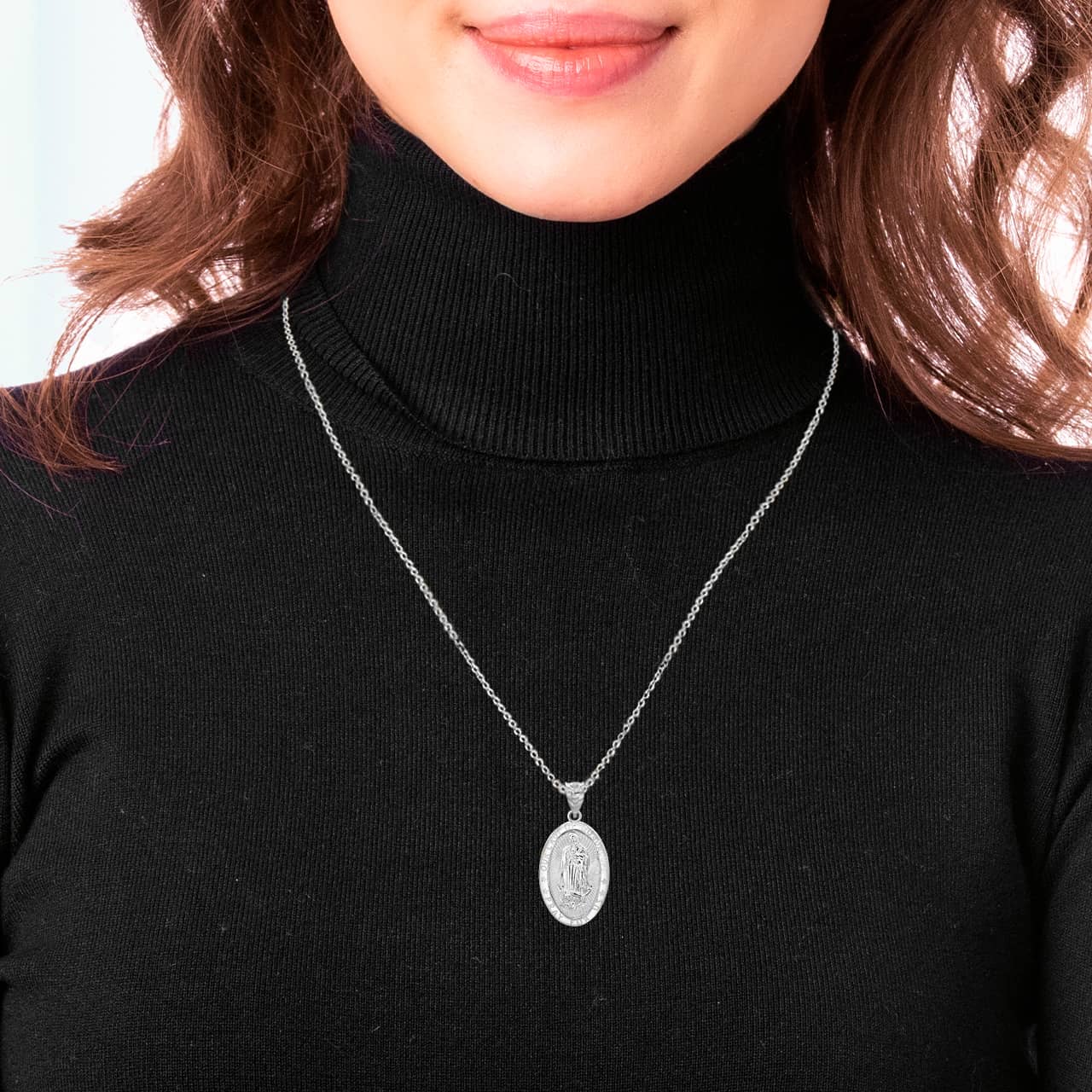 Silver Oval Our Lady of Guadalupe Pendant Necklace, view 2