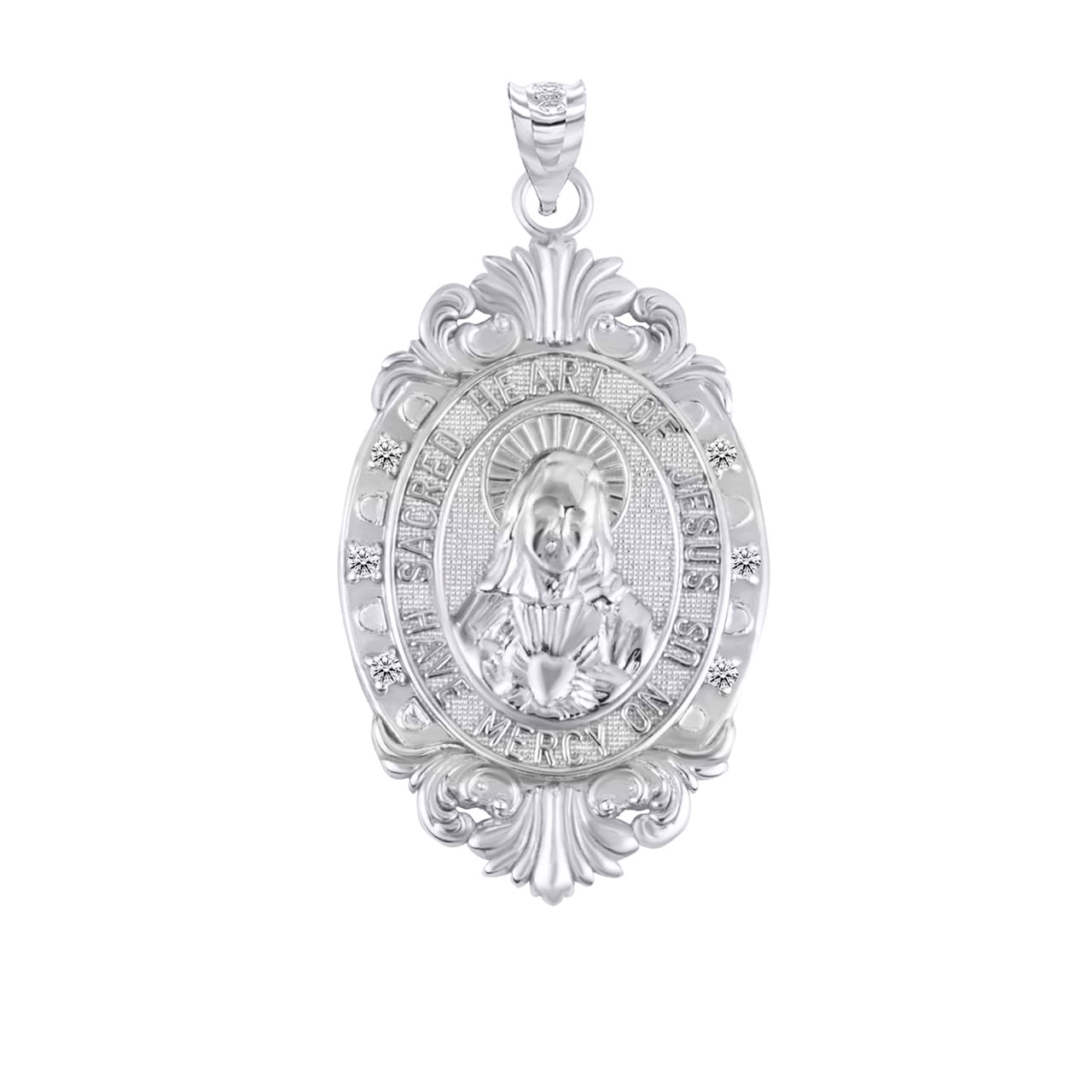 Silver Oval Sacred Heart Of Jesus Medallion Victorian Frame CZ Pendant Necklace