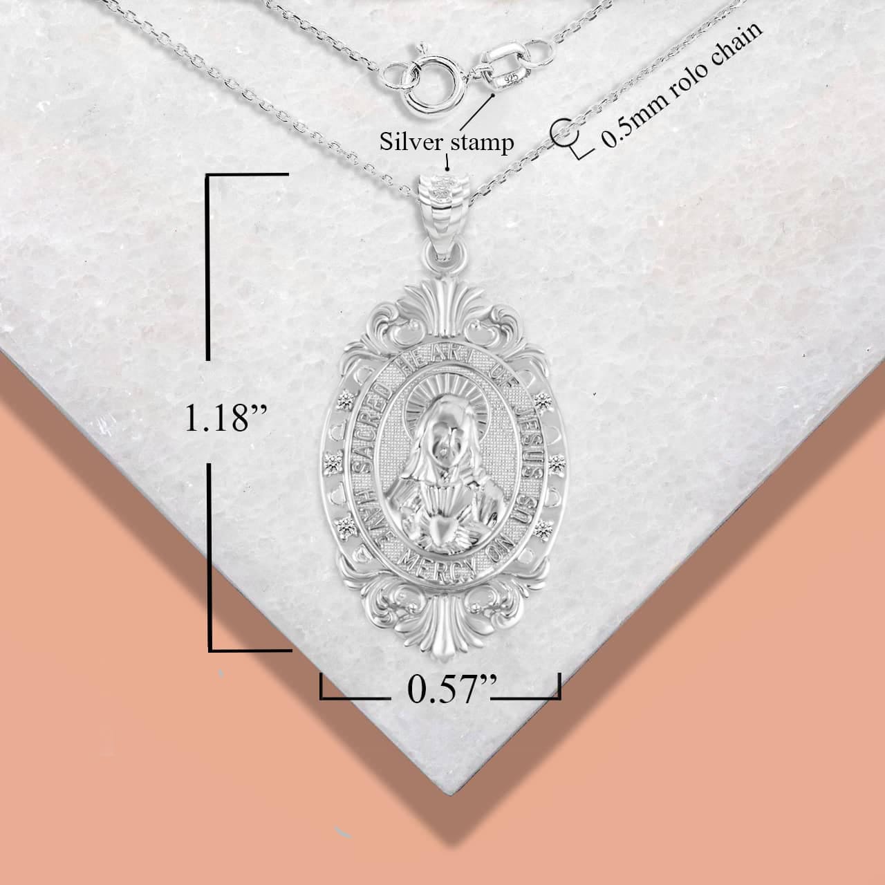Silver Oval Sacred Heart Of Jesus Medallion Victorian Frame CZ Pendant Necklace, view 3