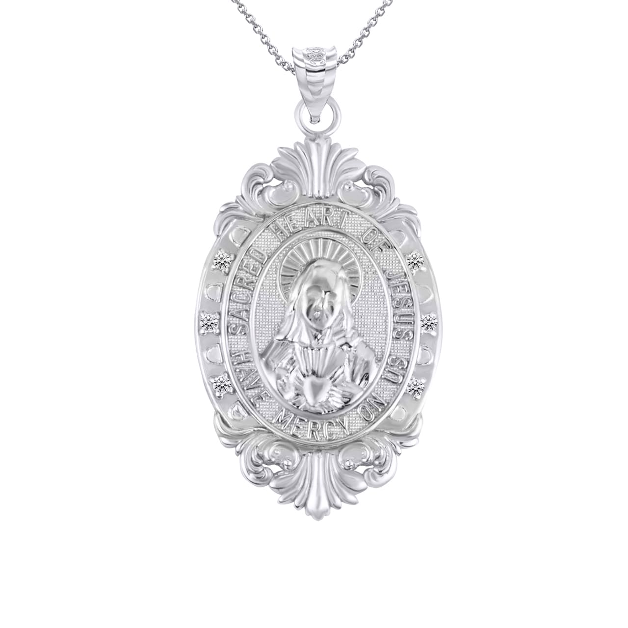 Silver Oval Sacred Heart Of Jesus Medallion Victorian Frame CZ Pendant Necklace, view 4